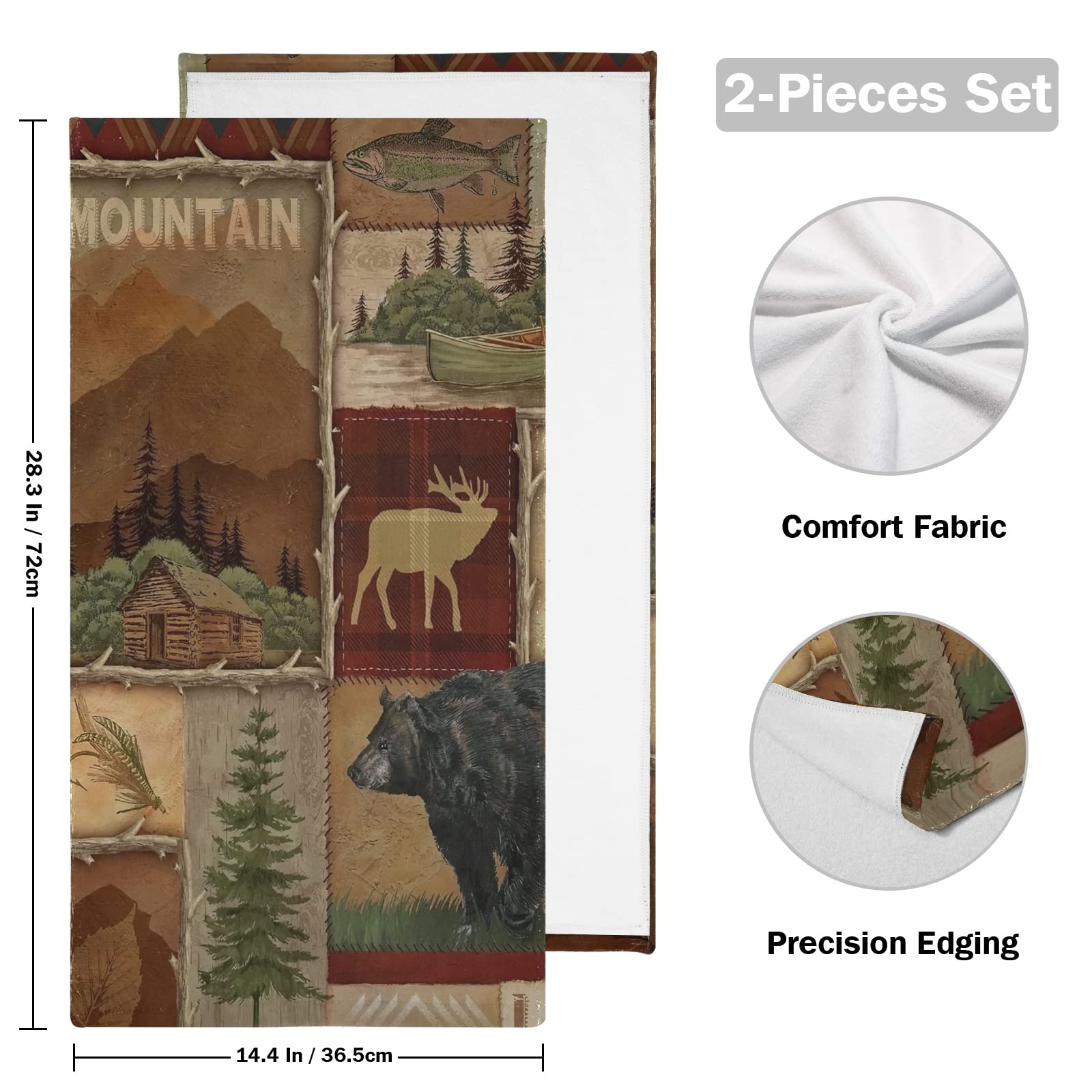 Farmhouse Hand Towels Set of 2 - Soft, Absorbent Kitchen & Bath Towels with Maple Leaf Bear Cabin Design - Country Style Decorative Towels for Bathroom, Kitchen, Dish, Spa & Yoga - 14.4