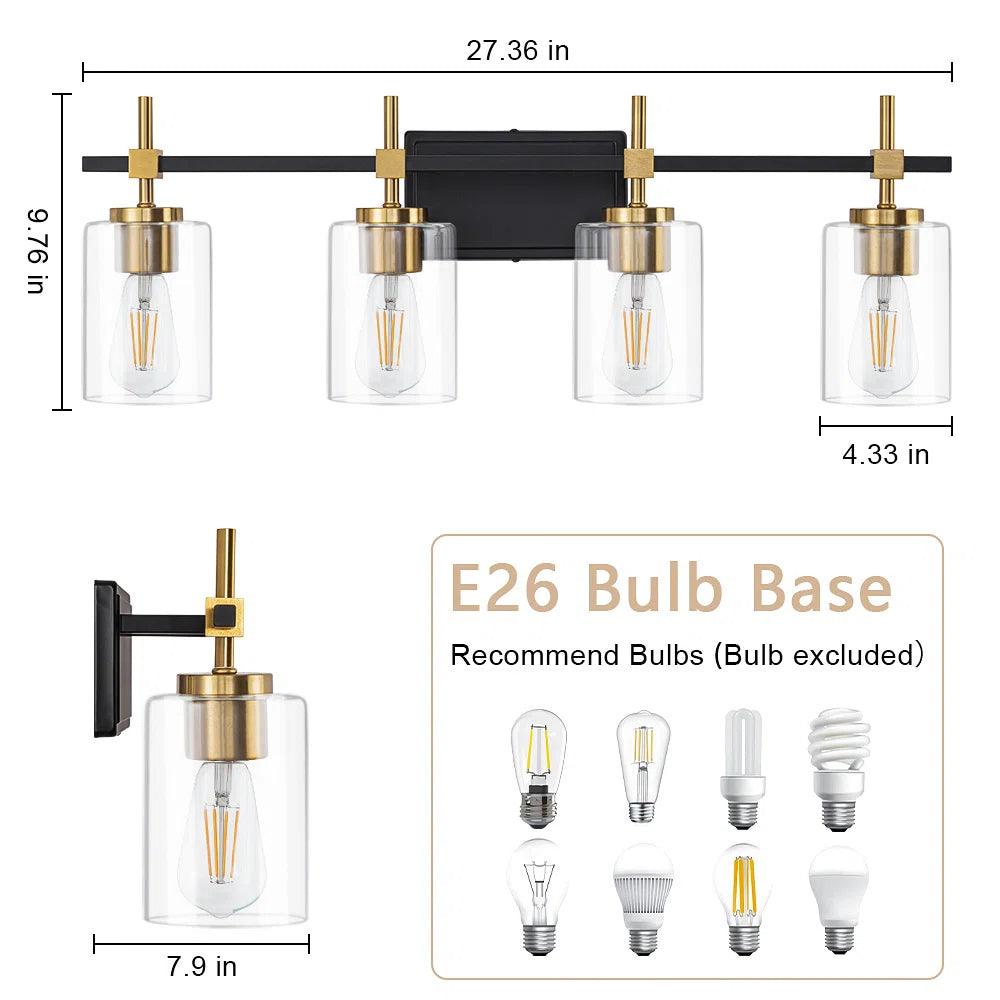 Jasper Black & Gold Clear Glass 4-Light Bathroom Vanity Light Fixture - Modern Elegant Lighting for Bathroom, Powder Room & Dressing Area