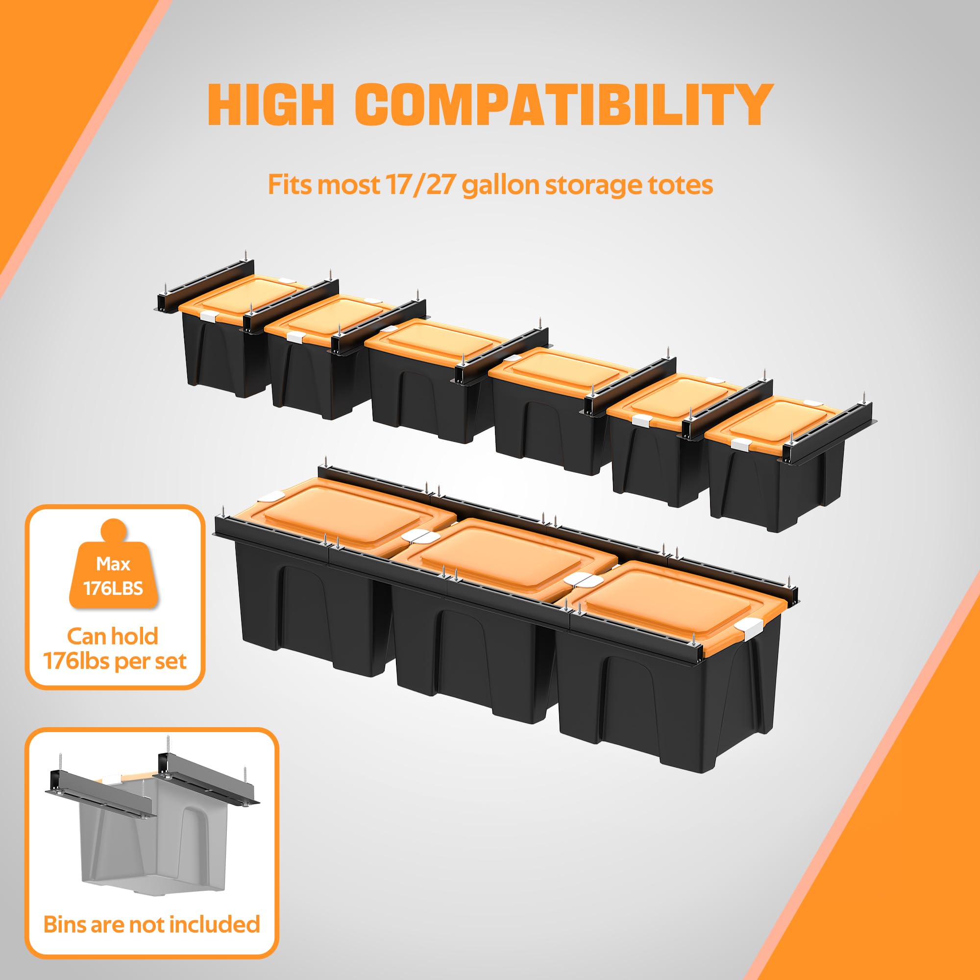 UltraWall Heavy Duty Overhead Garage Storage Racks - Adjustable Width Ceiling Organizer for Bins & Totes (7 Pack, 6 Bins Included) - Perfect for Garage, Basement & Attic Organization