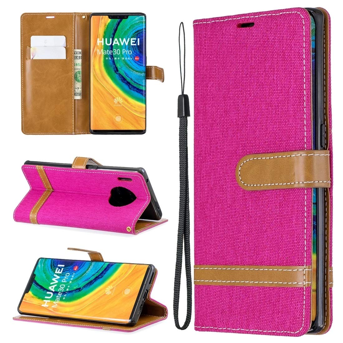 Premium Huawei Mate 30 Pro Flip Leather Case - Denim Texture, Card Holder & Lanyard (Royal Blue/Rose Red) | Stylish Protection for Work, Travel & Daily Use