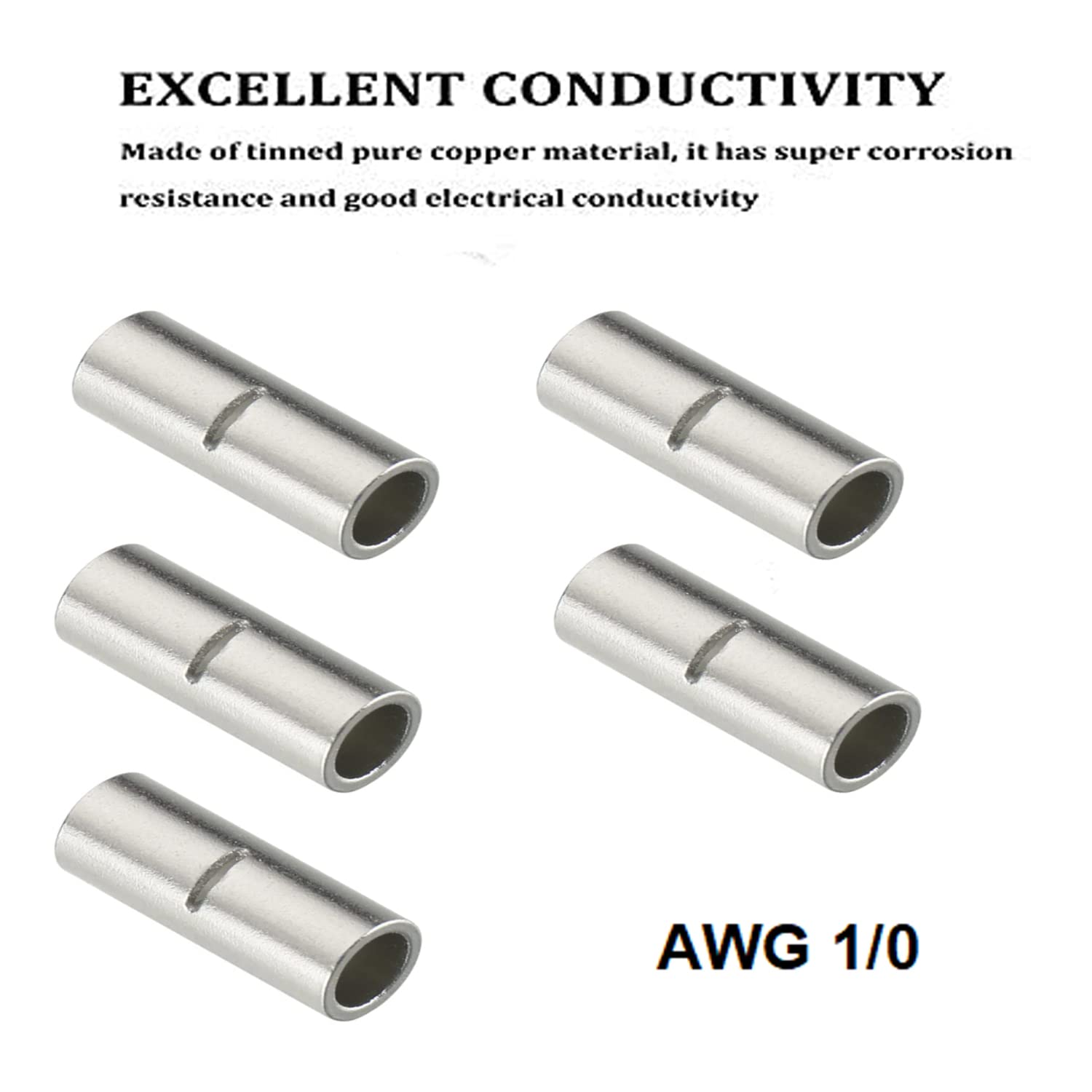 5 Pcs Non-Insulated Butt Connectors Kit - AWG #1/0 Uninsulated Wire Crimp Terminals for Automotive, Marine & Electrical Wiring Projects - Heavy Duty Copper Ferrules for Secure Connections