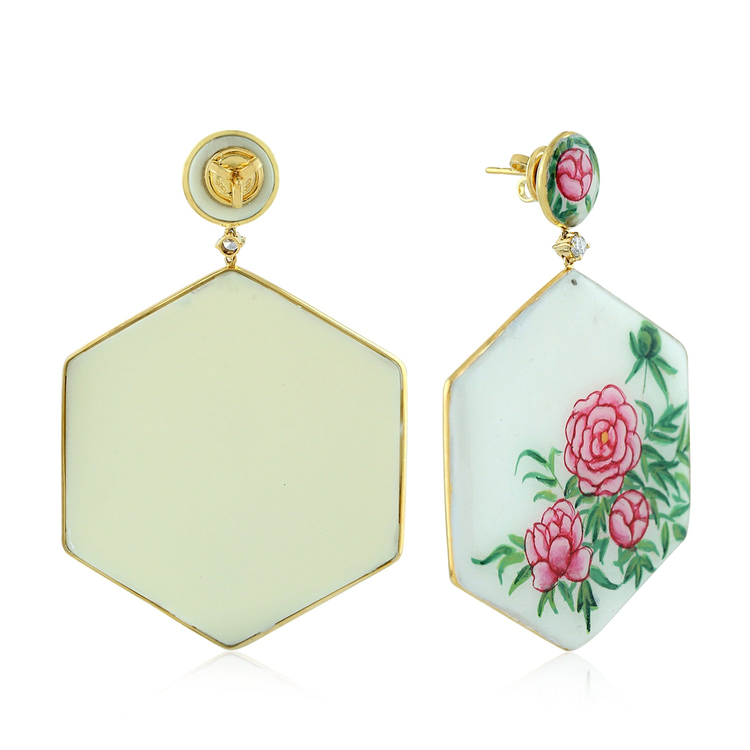 Hexagon Cut Bakelite Gold Prong Diamond Flower Dangle Earrings in 18K Yellow Gold - Elegant Vintage Jewelry for Women, Perfect for Weddings, Parties & Special Occasions