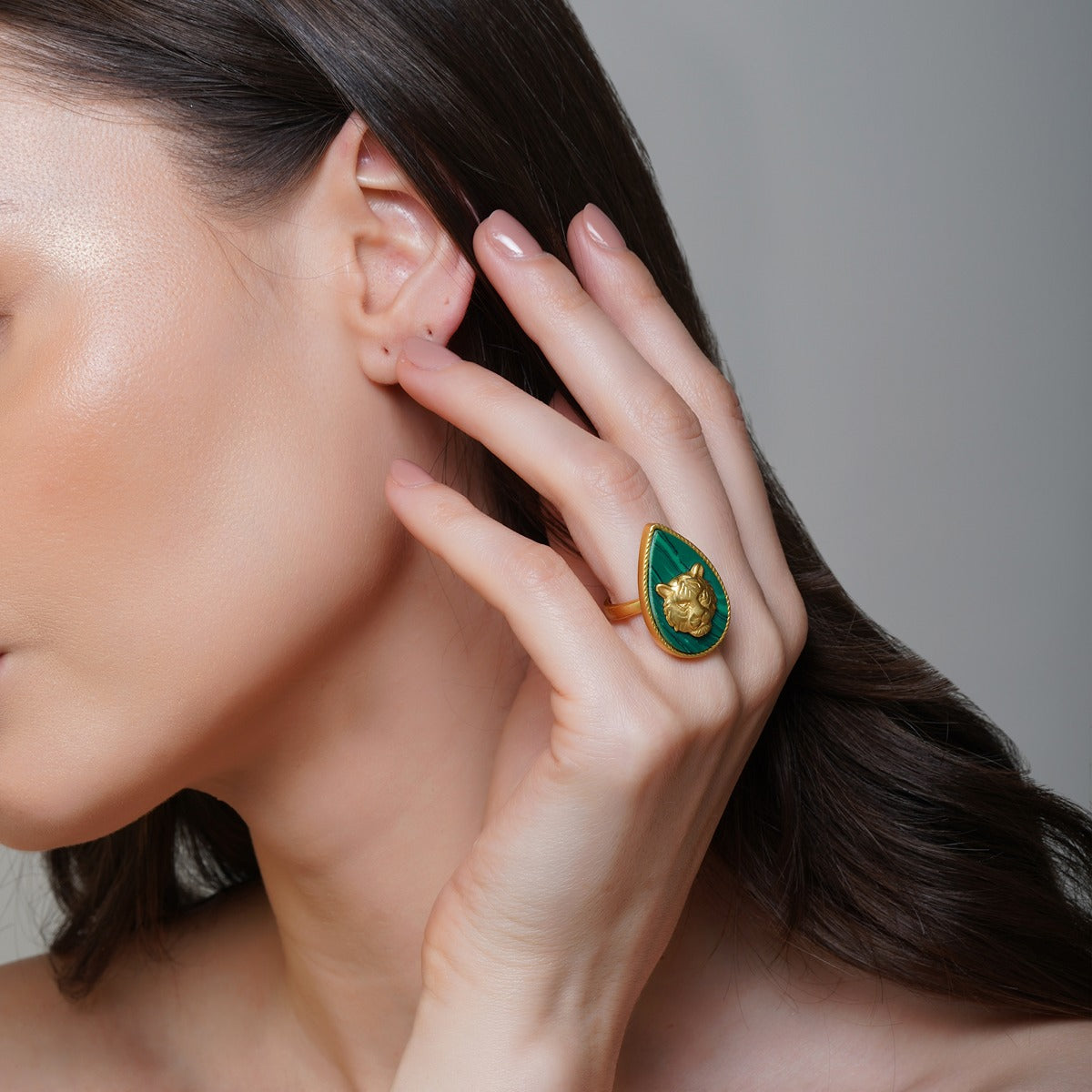 Tigris Charm Tiger Ring with Malachite Stone - Stylish Animal Jewelry for Women, Unique Handmade Statement Ring - Perfect for Parties, Gifts & Boho Fashion