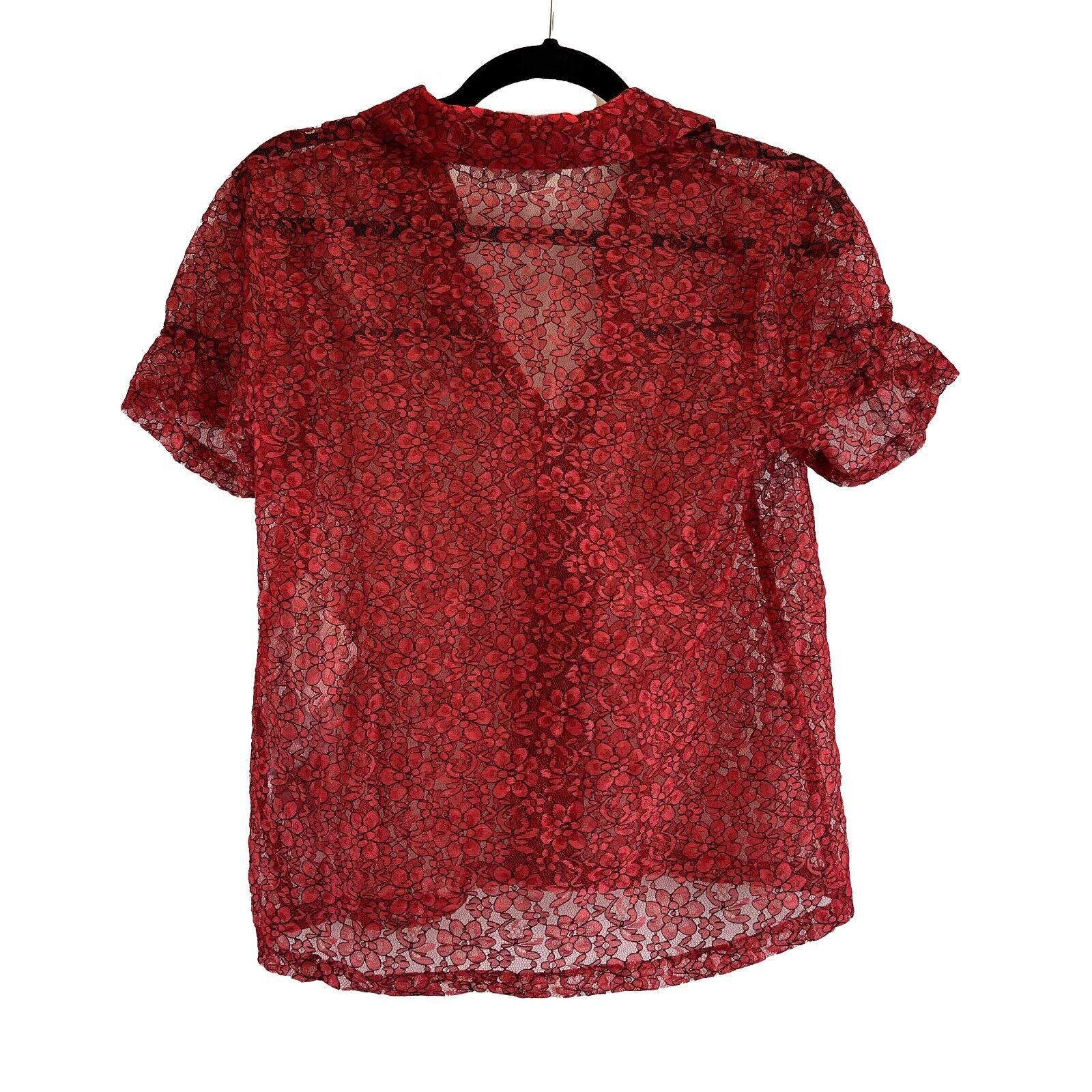 Comme des Garcons Girl Pristine Sheer Lace Button Down Shirt - Red XS | Women's Fashion Blouse for Office, Party & Special Occasions