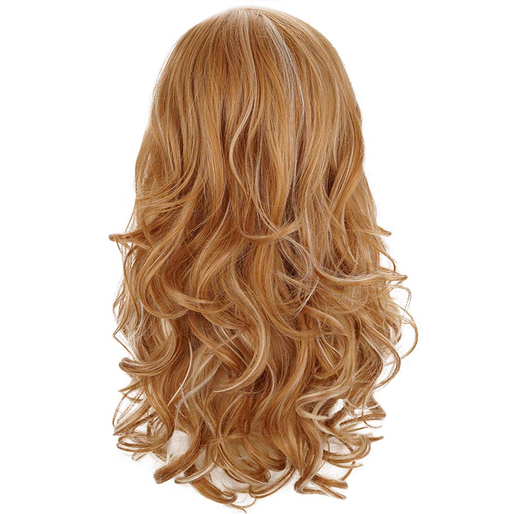Long Curly Wavy Strawberry Blonde Highlights Natural Synthetic Hair Wigs with Bangs for Women - Perfect for Daily Wear, Cosplay, Halloween Parties & Costume Events