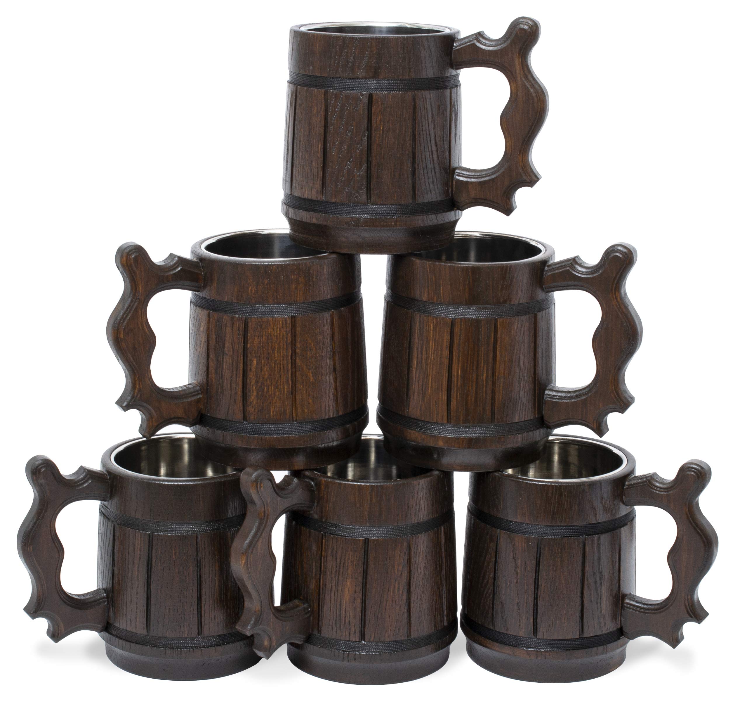 Set of 6 Premium 20oz Beer Mugs - Stainless Steel Tankard & Wooden Beer Stein - Handmade Gifts for Men (Father's Day, Christmas, Birthday) - Retro Brown Design - Perfect for Home Bars, Parties, and Outdoor Gatherings