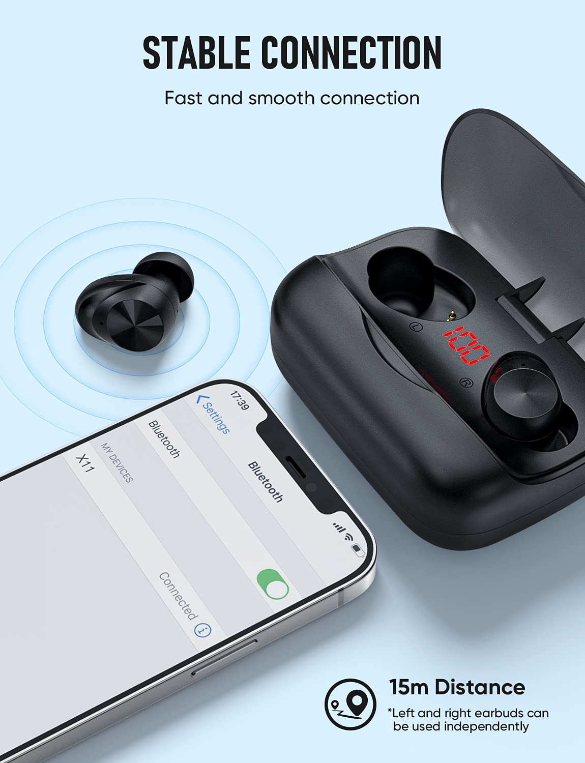 VEENAX X11 True Wireless Earbuds Bluetooth 5.0 Headphones with Touch Control, IPX5 Waterproof Sport Earphones, Built-in Mic & Deep Bass Stereo Sound, 150H Playtime USB-C Charging - Perfect for Running, Gym Workouts & Commuting (Black)