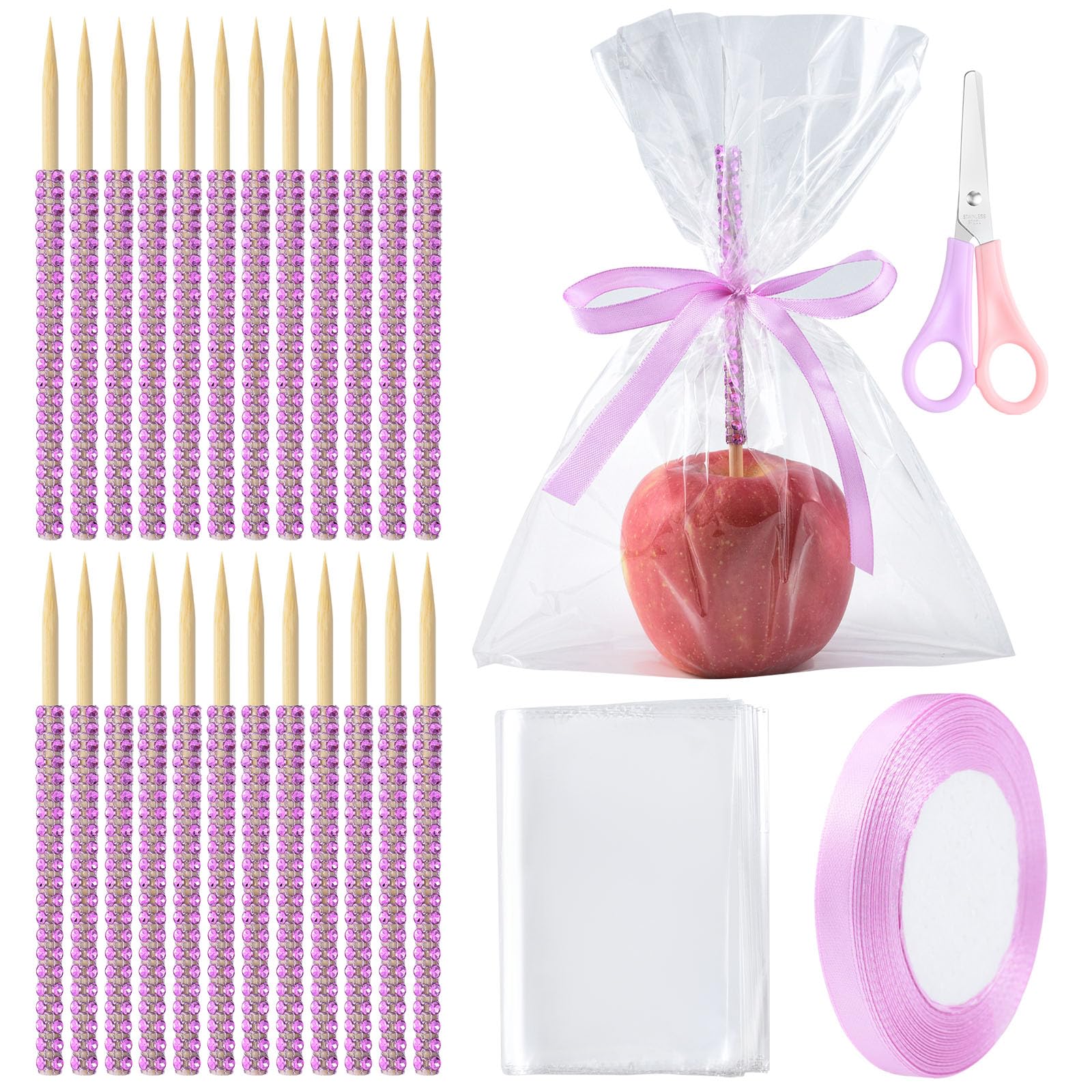 24PCS 6-Inch Rhinestone Caramel Apple Bamboo Sticks - Bling Candy Apple Sticks Kit with Scissors & Ribbon for Holiday Parties, Birthday Decorations & DIY Desserts (Pink)