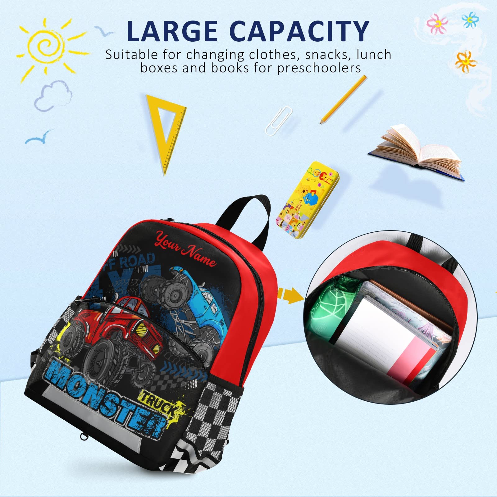 Personalized Monster Truck Backpack for Boys - 13 Inch Kids School Backpack with Name Customization | Durable Toddler Backpack for School, Travel & Outdoor Adventures