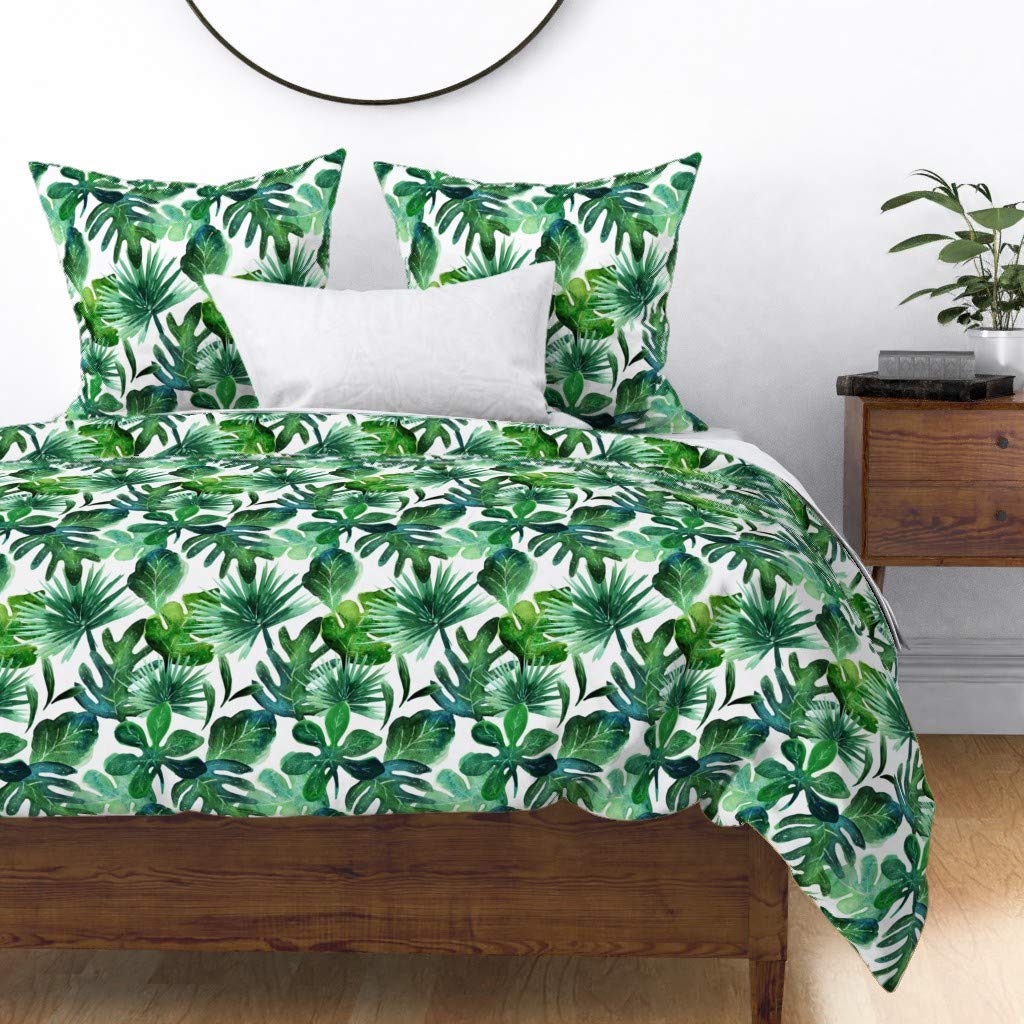 Soft Cotton Sateen Duvet Cover Full/Queen Size - Tropical Monstera Palm Leaf Jungle Botanical Print Bedding Set | Perfect for Nursery, Boho Bedroom & Jungle-Themed Home Decor