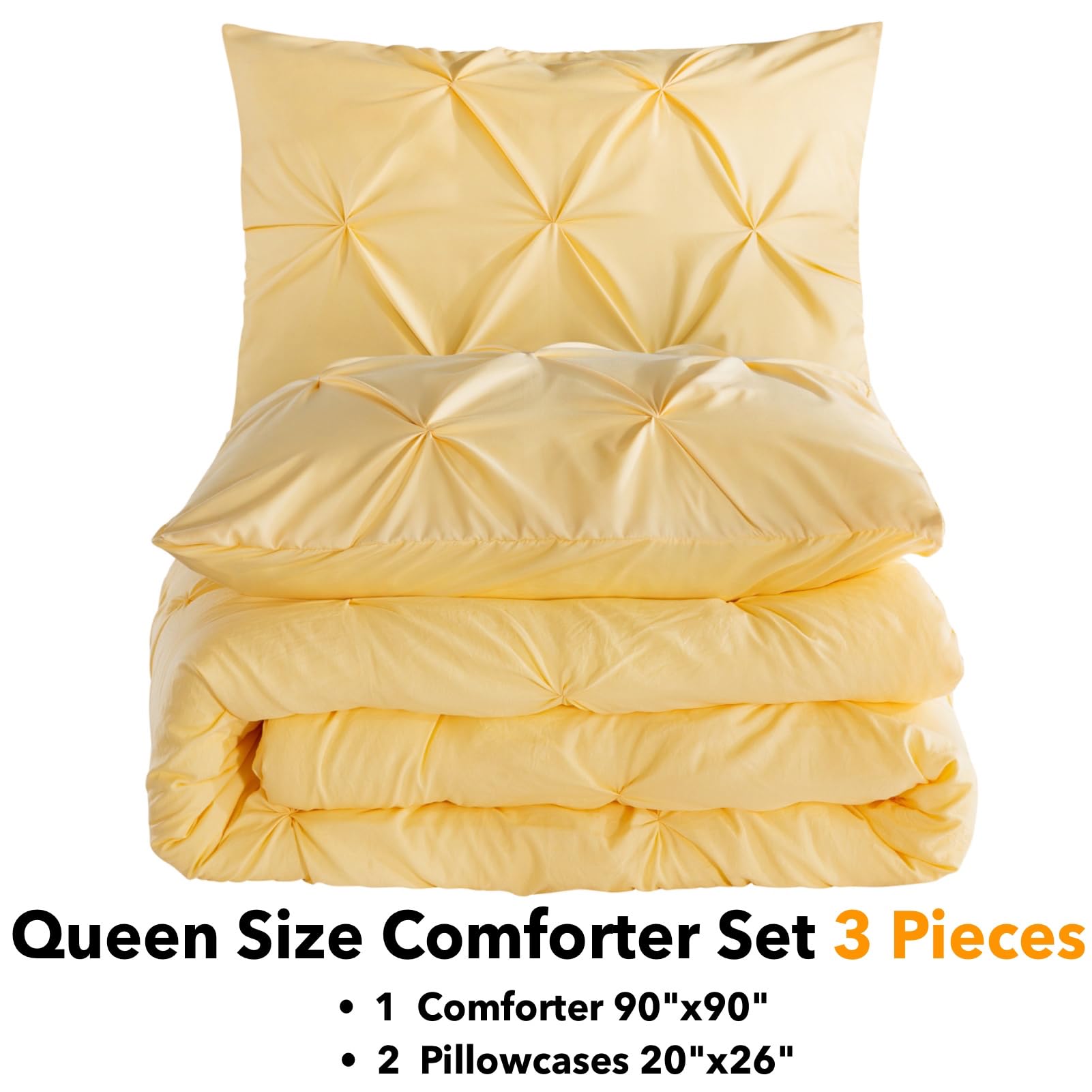 Premium Andency Yellow Pinch Pleat Comforter Set - Queen Size (90x90 Inches) 3-Piece Microfiber All-Season Down Alternative Bedding with Pintuck Design - Includes 1 Comforter & 2 Pillow Shams - Perfect for Master Bedroom, Guest Room & Cozy Home Decor
