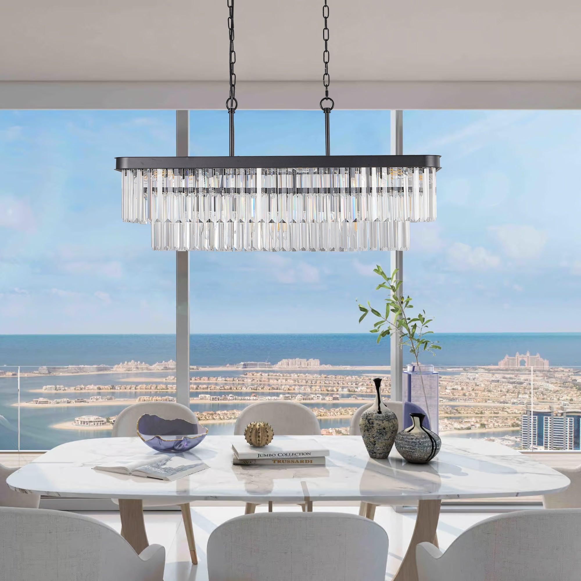 Modern Rectangular Crystal Chandelier - Adjustable E12 Industrial Farmhouse Ceiling Light with Iron Frame for Kitchen, Living Room & Bedroom | Black Finish (Bulbs Not Included) | Perfect for Dining Areas, Entryways and Home Decor