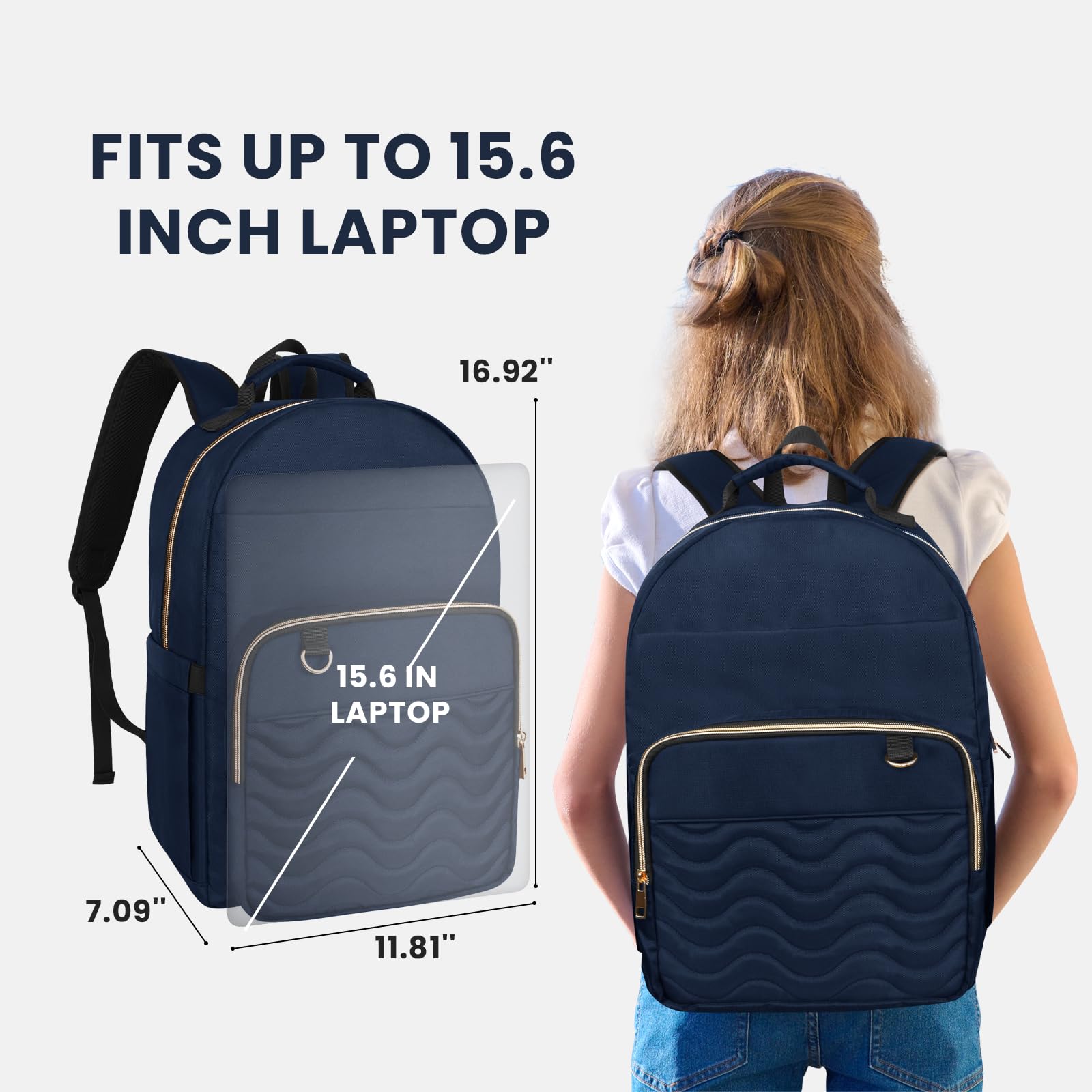 Stylish Navy Blue Women's Backpack with Laptop Compartment - Water Resistant School Bag for Teen Girls & College Students, Perfect for Travel, Work & Daily Use as Nurse/Teacher Computer Backpack | Ideal for Commuting, Campus Life & Business Trips