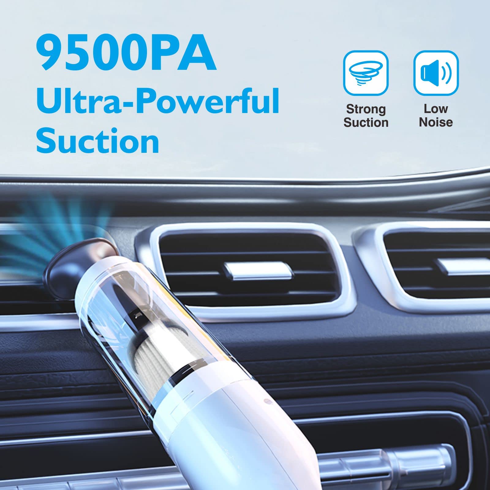 MOCA 9500PA Powerful Cordless Car Vacuum Cleaner - 9500PA High Suction Portable Handheld Vacuum, USB Rechargeable Wet/Dry Vacuum for Home, Car & Tight Spaces - White - Perfect for Quick Car Cleaning & Hard-to-Reach Areas