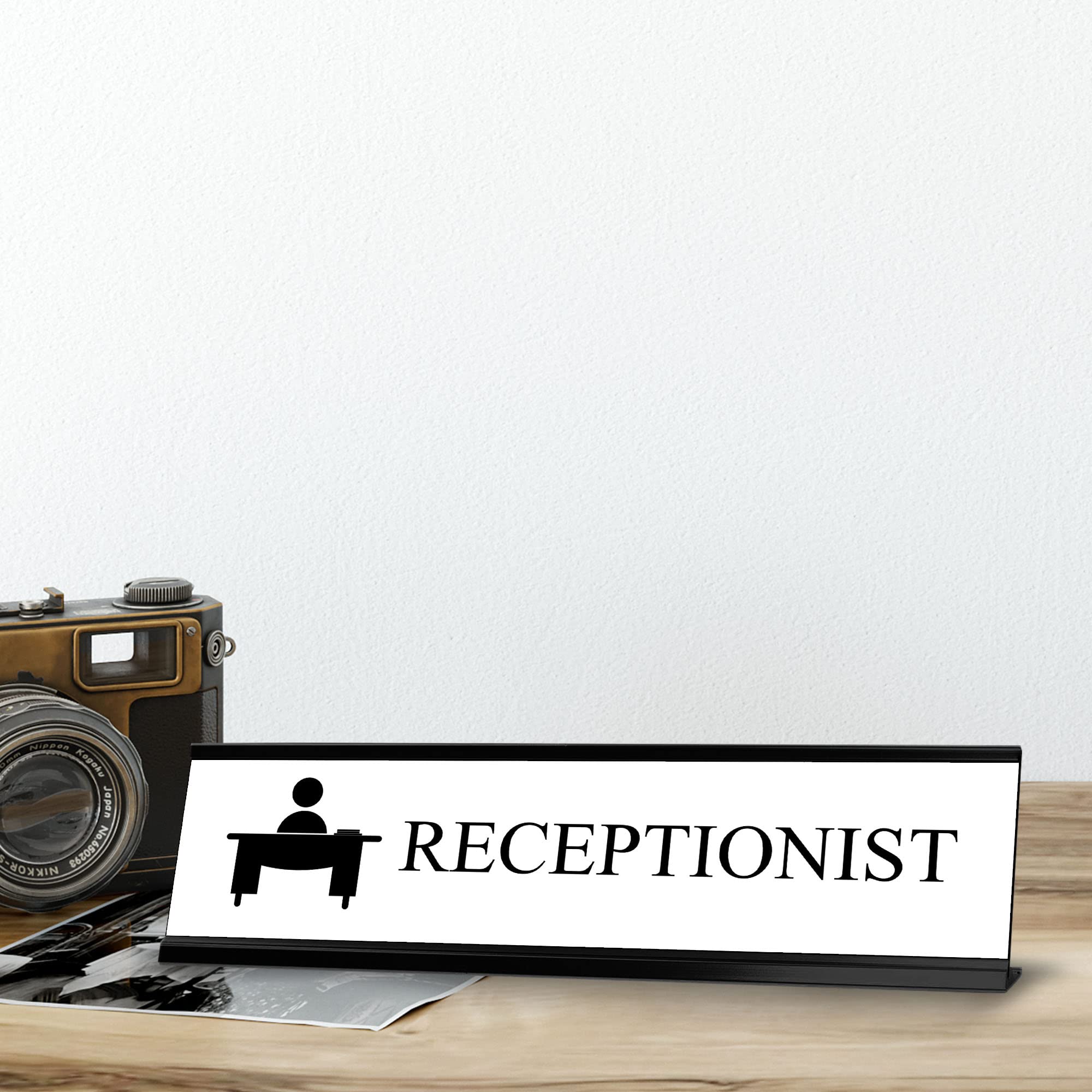 Professional Black Receptionist Desk Sign - 2x8 Inches - Elegant Office Nameplate for Front Desk & Corporate Use