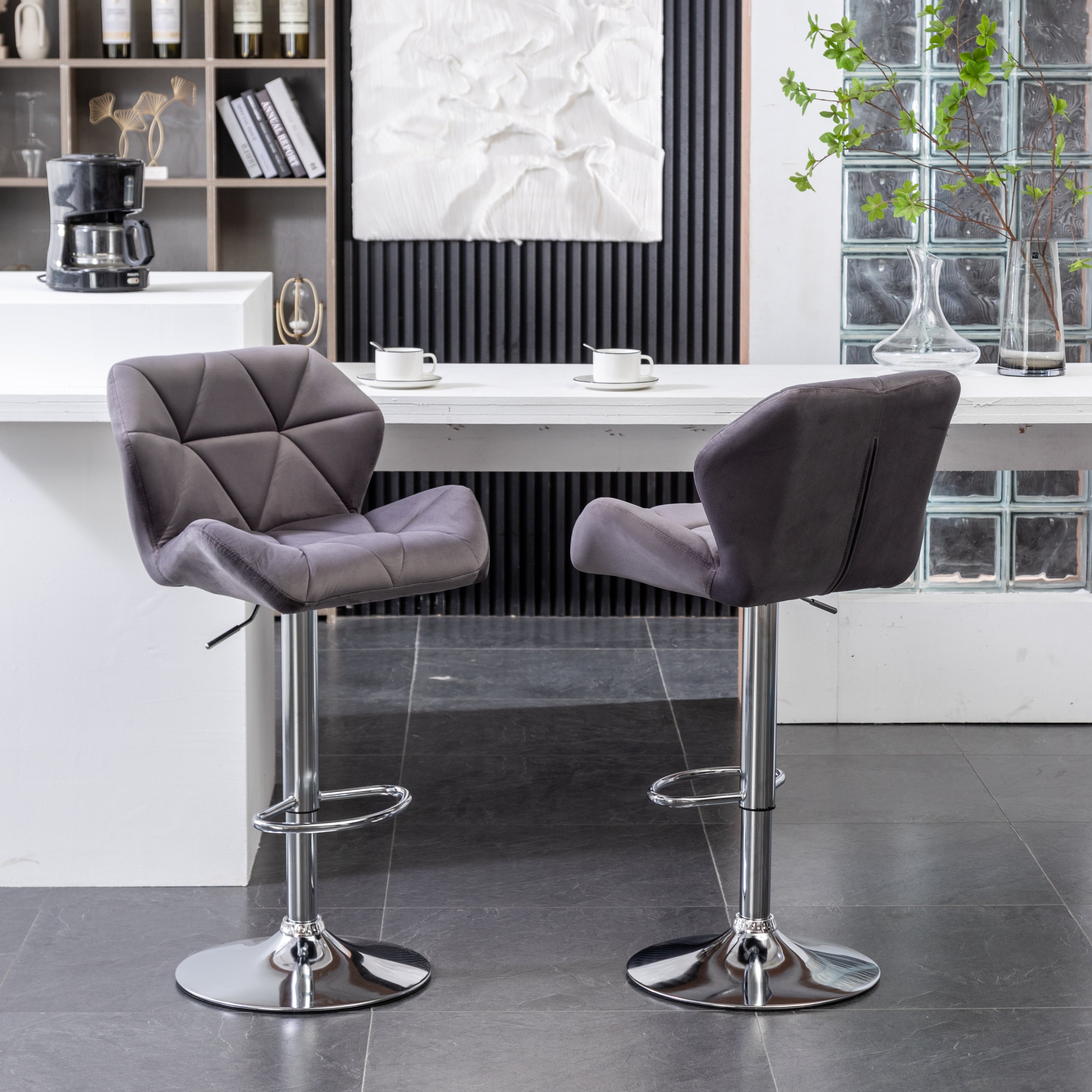 Roundhill Furniture Breni Velvet Diamond Tufted Swivel Adjustable Height Bar Stool - Set of 2, Gray - Modern Kitchen Island & Home Bar Seating for Dining & Entertaining