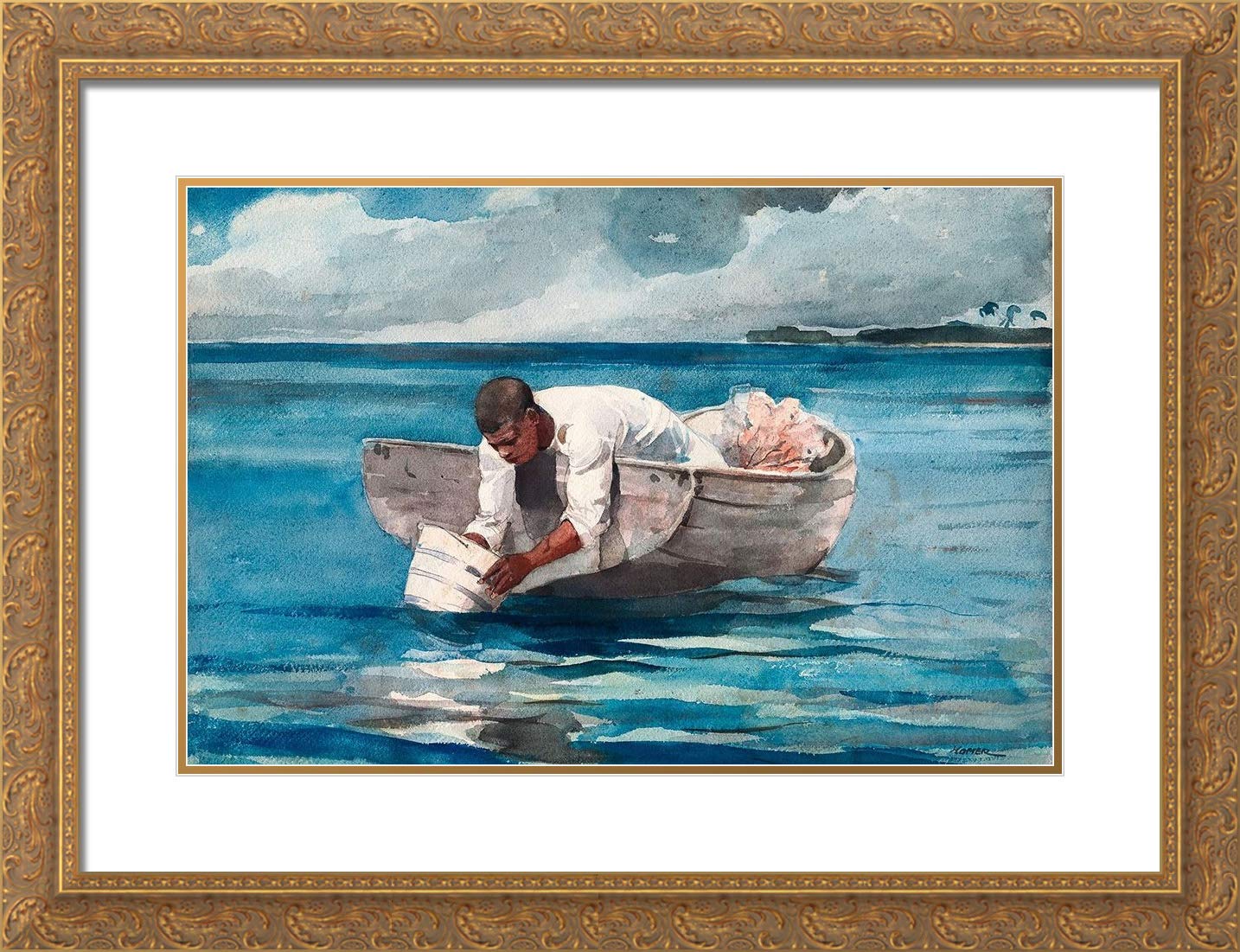 Winslow Homer 'The Water Fan' 18x15 Gold Ornate Framed Museum Art Print with Double Mat - Perfect for Living Room, Office & Home Decor