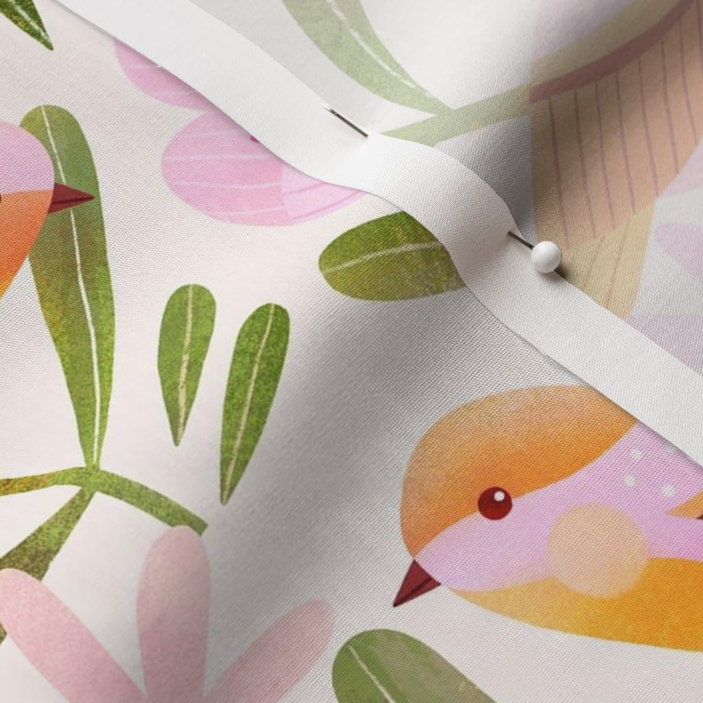 Spring Botanical Pink Floral Birds Printed Cotton Poplin Fabric - Fat Quarter for Sewing, Quilting, Dresses & Crafts | Perfect for Spring/Summer Apparel & Home Decor Projects