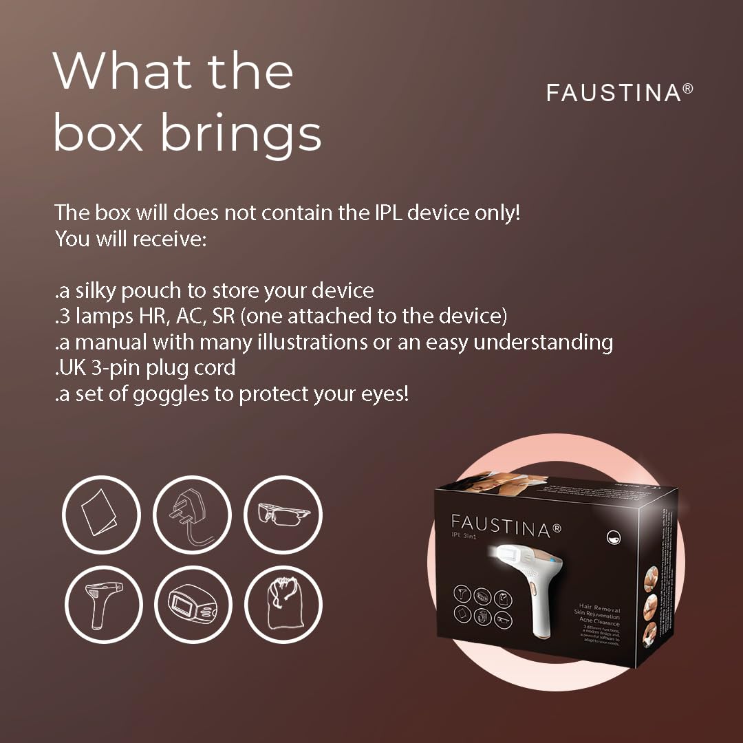 Faustina 3-in-1 IPL Hair Removal Device with 3 Lamps & 1.5 Million Flashes – Permanent Hair Removal, Skin Rejuvenation & Acne Treatment – Includes Free Pouch & Sunglasses – Perfect for Home Use on Face, Legs, Bikini Line & Body