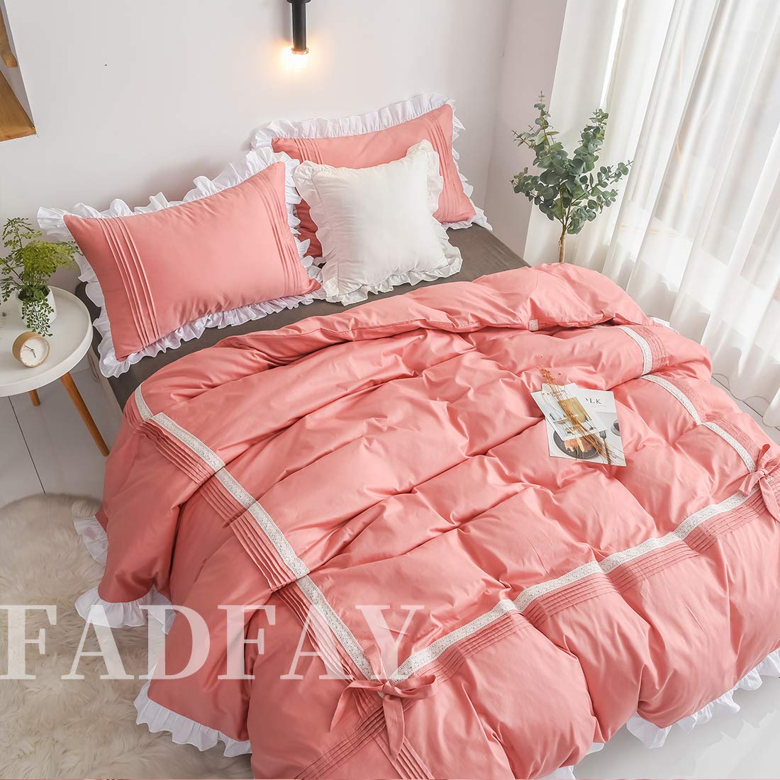 FADFAY 100% Cotton 600 Thread Count Twin Princess Bedding Set - Elegant Ruffle Duvet Cover with Lace Trim, Zipper Closure & Corner Ties | Ultra Soft, Anti-Fade Coral Pink Comforter Cover for Girls | Perfect for Kids' Bedrooms, Sleepovers & Nursery Decor