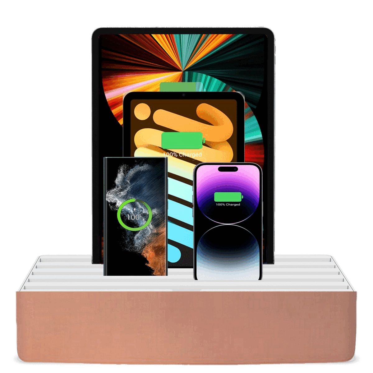 ALLDOCK Classic FAMILY Aluminum Rose Gold & White Charging Station - Premium Multi-Device Organizer for Home, Office, and Travel Use