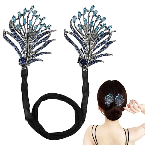 Elegant Rhinestone Flower Hair Clip & Bun Maker - Blue Feather Hair Accessories for Women | Perfect for Weddings, Parties & Everyday Styling