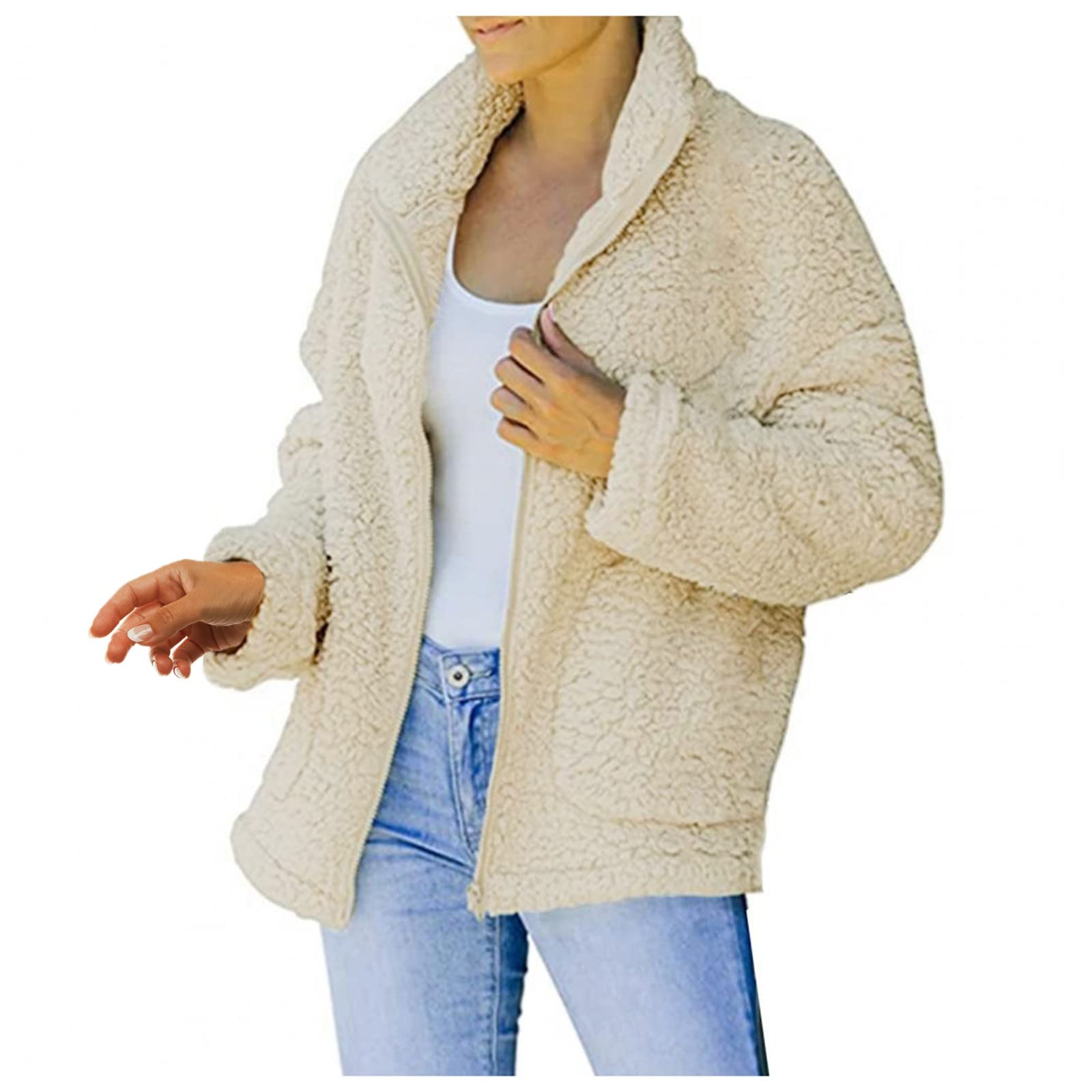 Women's Winter Fashion Warm Shaggy Lamb Wool Coat - Zip Up Jacket with Pockets | Cozy Outerwear for Cold Weather, Street Style & Casual Outings