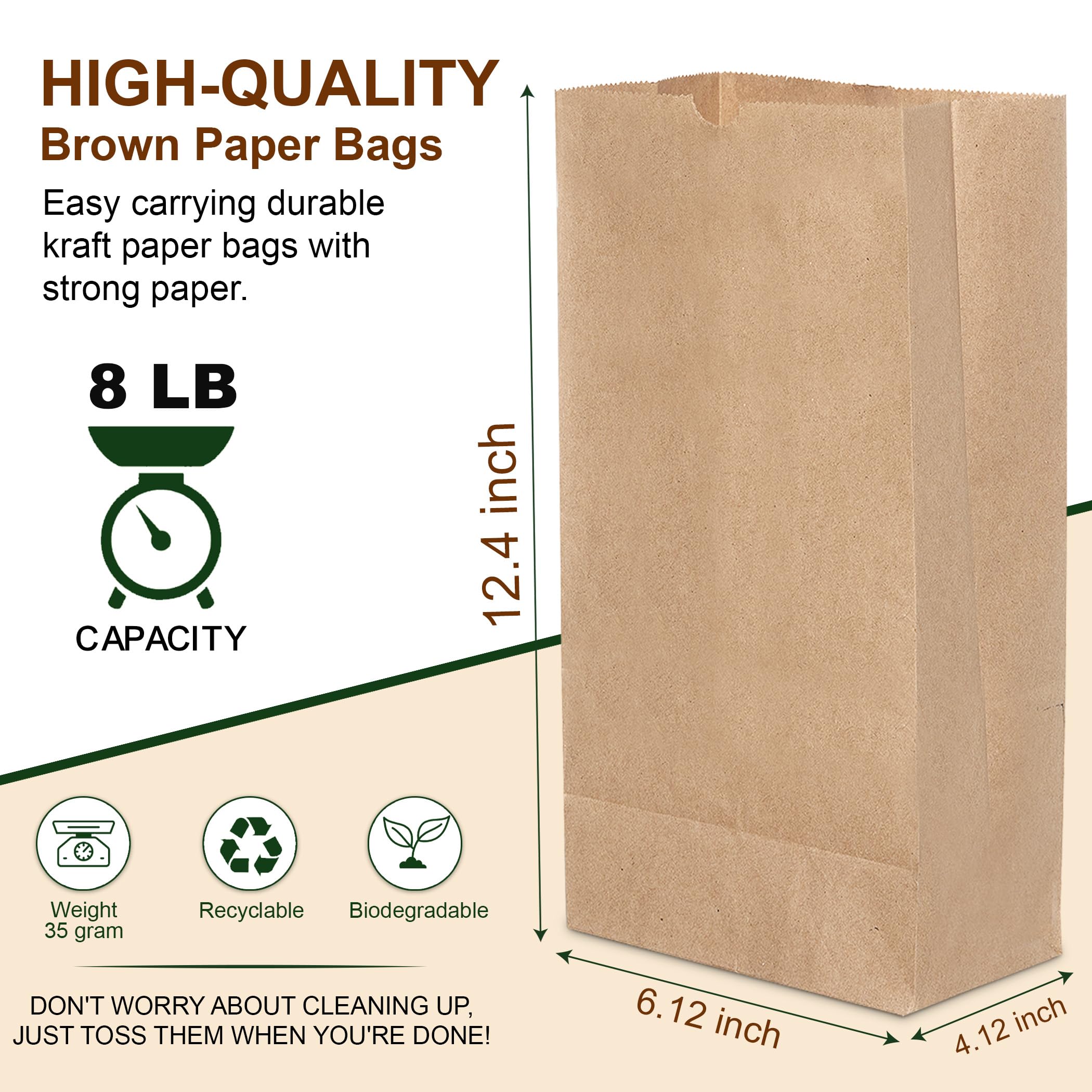 8 Lb Brown Paper Lunch Bags - 250 Pcs Bulk Disposable Kraft Paper Sacks for Grocery, Sandwich, Takeout | Eco-Friendly & Durable | Perfect for School Lunches, Picnics, Restaurants & Food Packaging