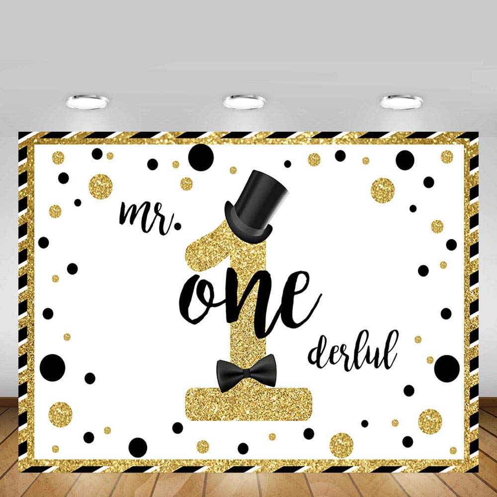 MEHOFOND Mr Onederful Black & Gold Glitter Photo Booth Backdrop - 7x5ft Birthday Party Decoration for 1st Birthday, Cake Table, Photography Background | Perfect for Baby Boy's First Birthday Party, Photo Shoots, and Special Event Decorations
