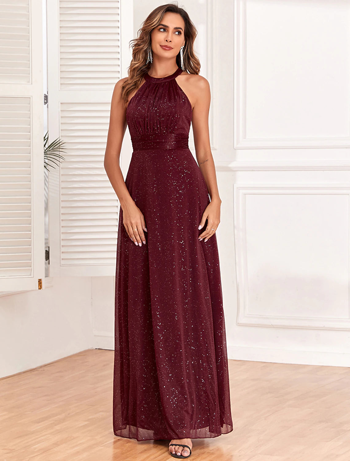 Elegant A-Line Empire Waist Evening Gown - Sleeveless Halter Neck Floor-Length Dress with V-Back & Glitter Details | Perfect for Prom, Gala, Wedding & Formal Events | Polyester Backless Party Dress