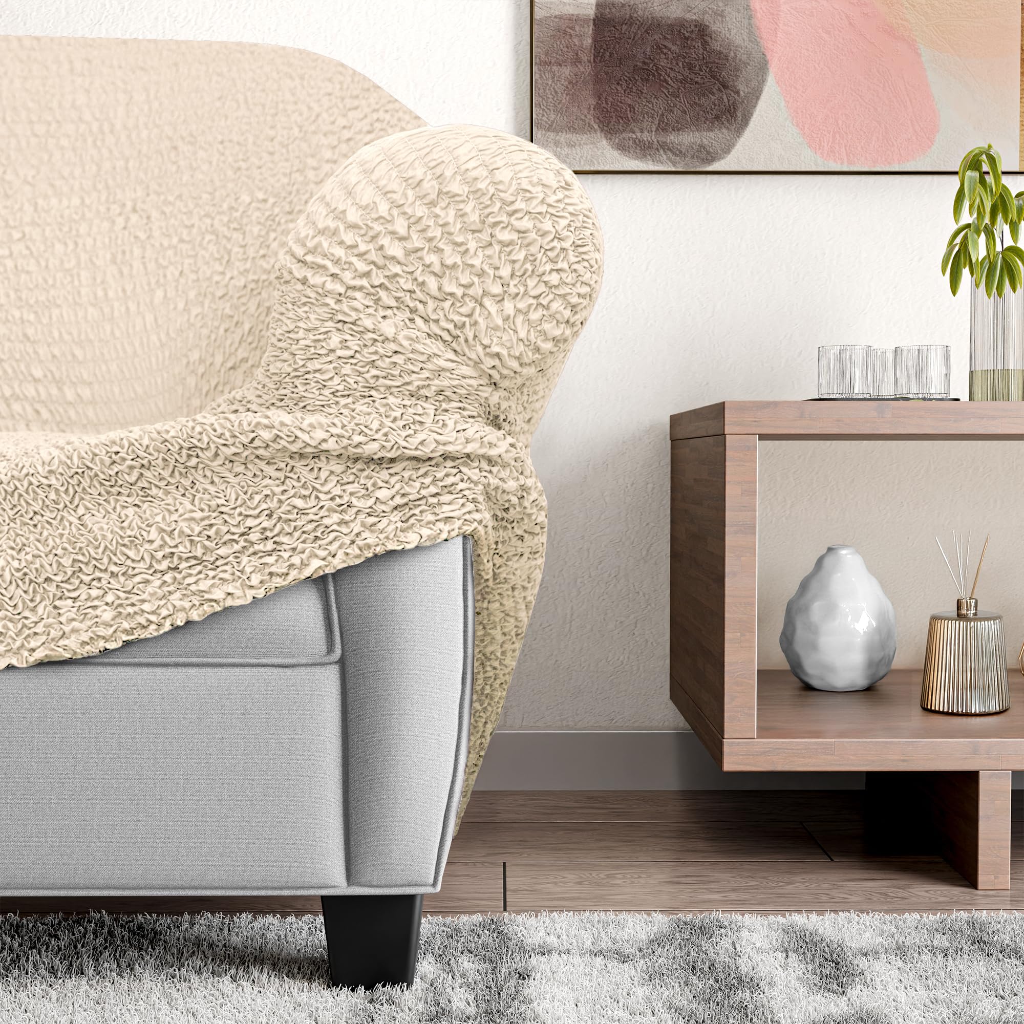 PAULATO BY GA.I.CO. Stretch Sofa Slipcover - 1-Piece Washable Couch Cover - Soft Polyester Fabric Protector for Pets - Microfiber Collection in Cream | Perfect for Living Room, Family Room & Pet-Friendly Homes