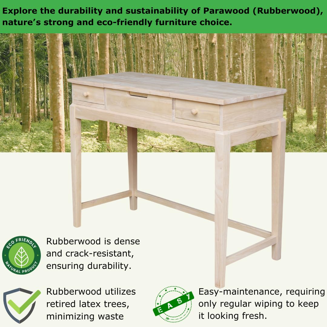 IC International Concepts Solid Real Wood Sturdy Parawood Vanity Table - Unfinished DIY Paint/Stain Ready Vanity Desk for Bedroom Makeup & Dressing Room