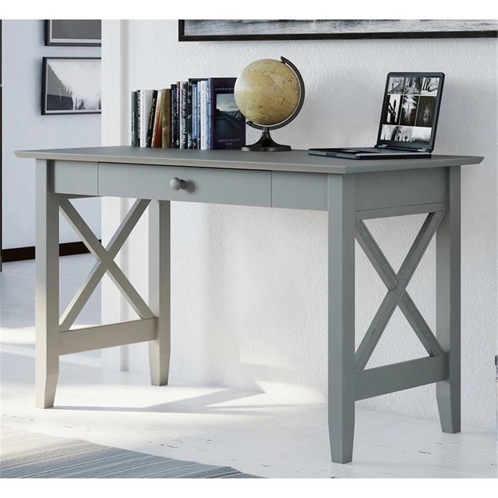 BOWERY HILL Farmhouse Solid Wood Writing Desk with Felt Lined Drawer in Gray - Rustic Home Office Furniture for Study, Work & Small Spaces