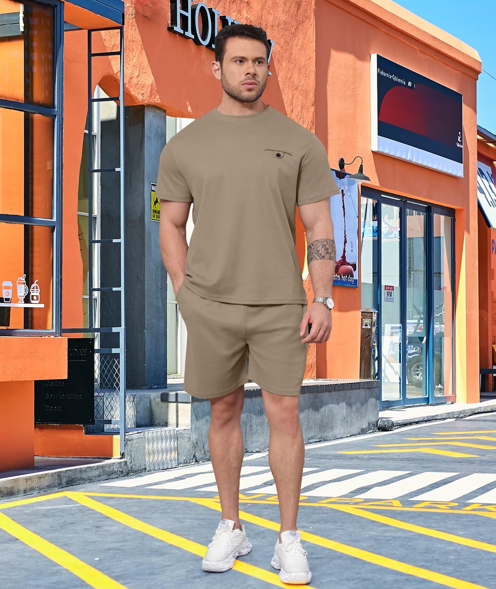 ThusFar Men's Waffle Knit Shirt & Shorts Set - 2 Piece Summer Tracksuit with Pockets for Athletic & Casual Wear | Gym, Running, Beach, Lounge Outfits