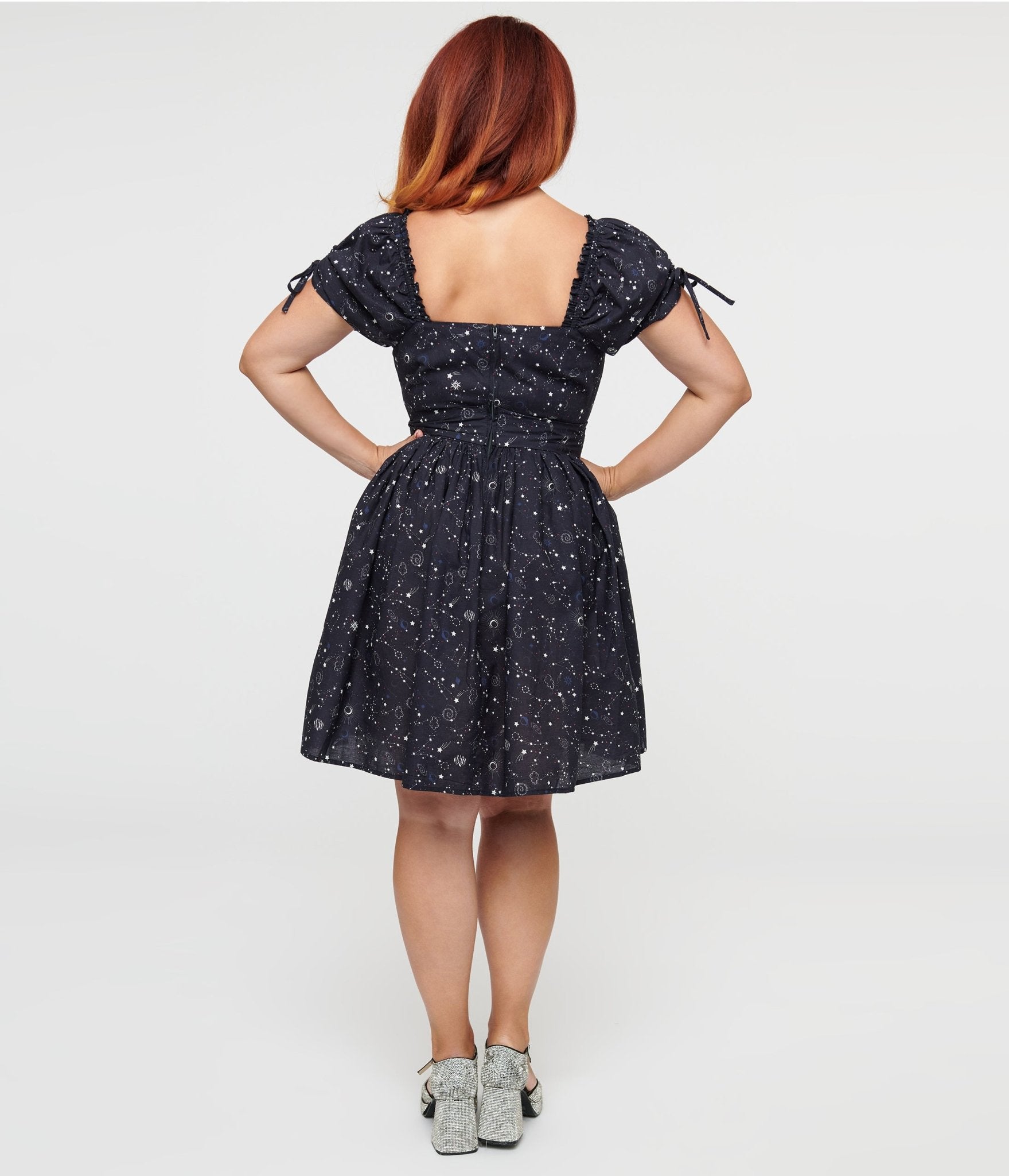Vintage 1950s Navy Blue Cosmos Print Swing Dress - Retro Pinup Style for Parties, Dances & Special Occasions