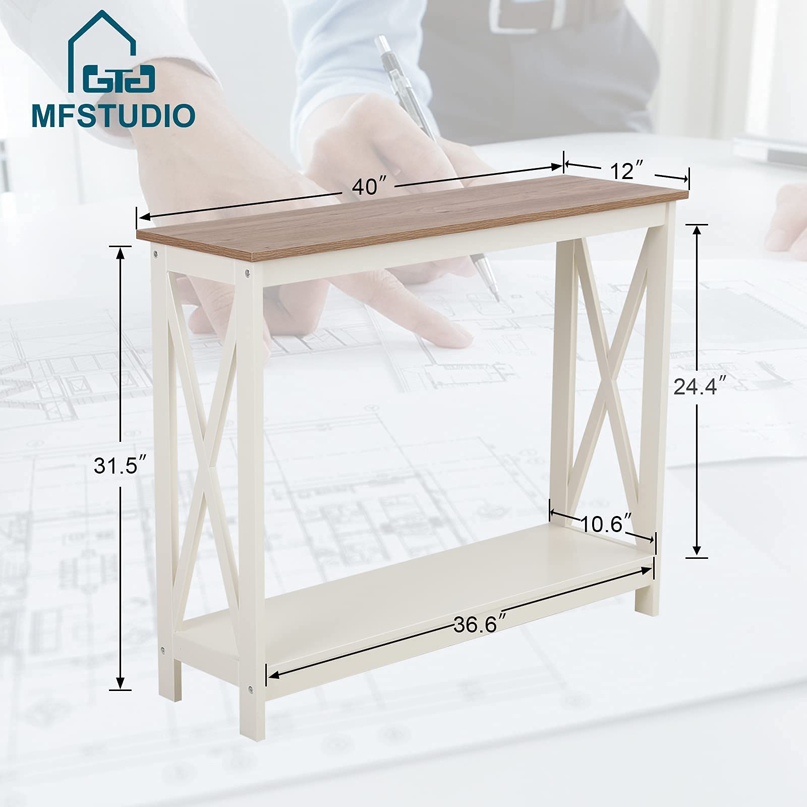 MFSTUDIO 2-Tier Console Table with Storage Shelf - Rustic Sofa Table, End Table, Computer Desk & Coffee Table for Living Room, Hallway, Bedroom - Perfect for Small Spaces & Home Office (Ivory)