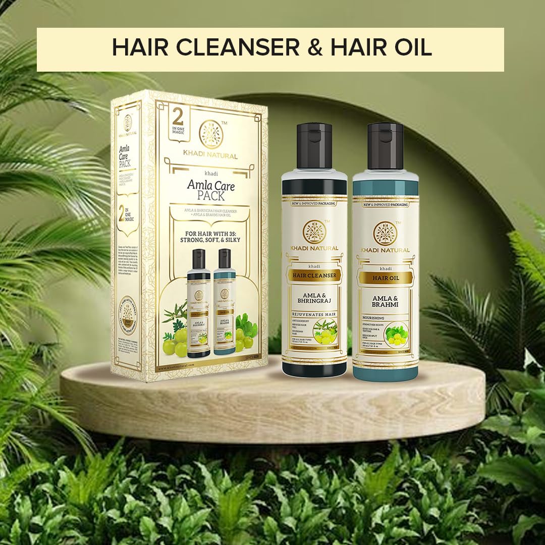 Khadi Natural Amla & Bhringraj Hair Care Pack - Anti-Hair Fall Shampoo & Hair Oil Set for All Hair Types (2 x 210ml) | Promotes Hair Growth, Reduces Breakage | Perfect for Daily Hair Care & Scalp Nourishment