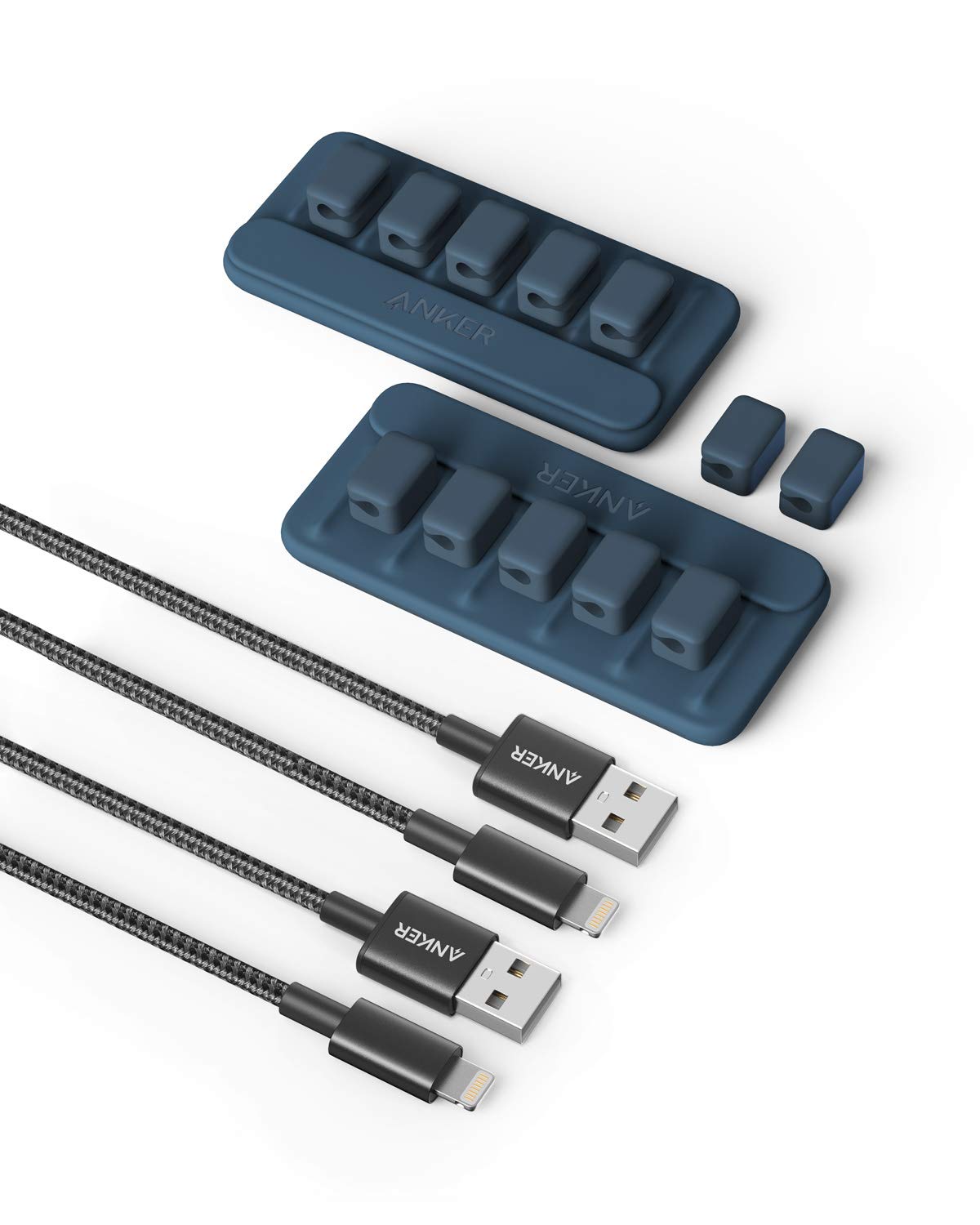 Anker 6ft Premium Nylon Braided Lightning Cable (2-Pack) & Magnetic Cable Holder (2-Pack, Blue) - Durable Fast Charging iPhone Charger for Home, Office, Car, Travel