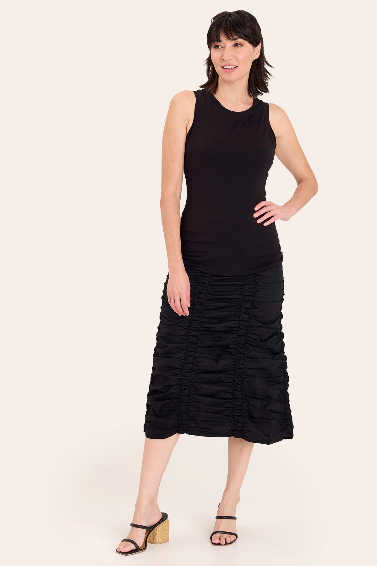 Double Shirred Panel Skirt for Women - Flowy High Waist A-Line Midi Skirt with Elastic Waistband | Perfect for Summer, Beach, Office & Casual Outfits