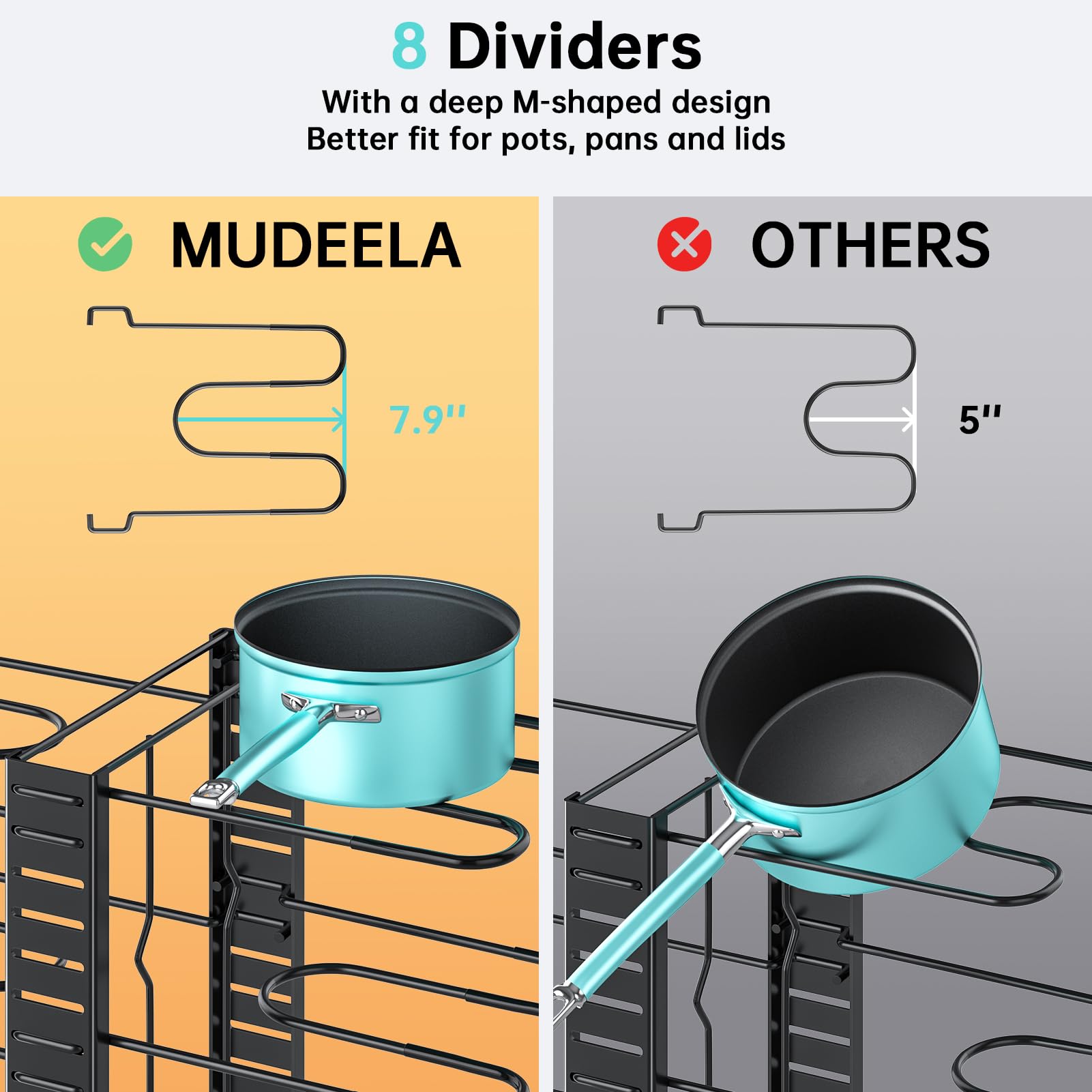 MUDEELA Adjustable 8-Tier Pots and Pans Organizer Rack - Under Cabinet Storage with 3 DIY Installation Methods for Kitchen Cabinet Organization | Perfect for Small Kitchens, RV Cooking & Space-Saving Storage Solutions