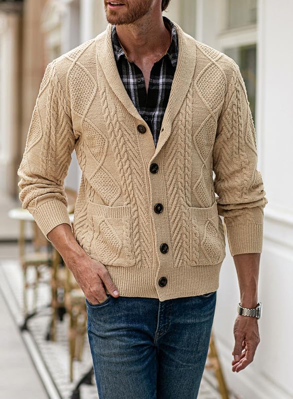 Men's Slim Fit Cable Knit Shawl Collar Cardigan Sweater with Pockets - Casual Button Up Pullover for Fall & Winter - Perfect for Office, Date Night and Weekend Outings