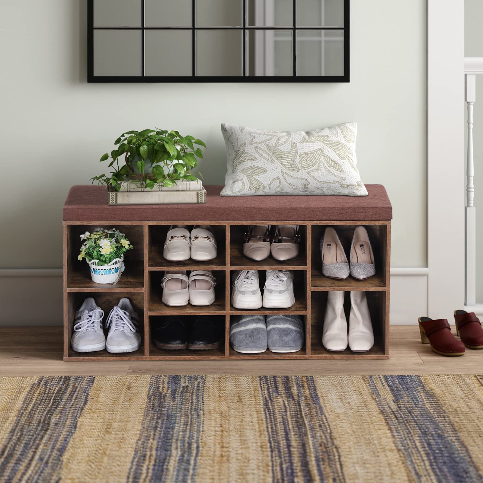 Sophia & William Rustic Brown Shoe Bench with Cushion - 8 Compartment Entryway Storage Bench, Freestanding Shoe Cabinet with Adjustable Shelves (400 lbs Capacity) - Perfect for Mudroom, Hallway & Home Organization