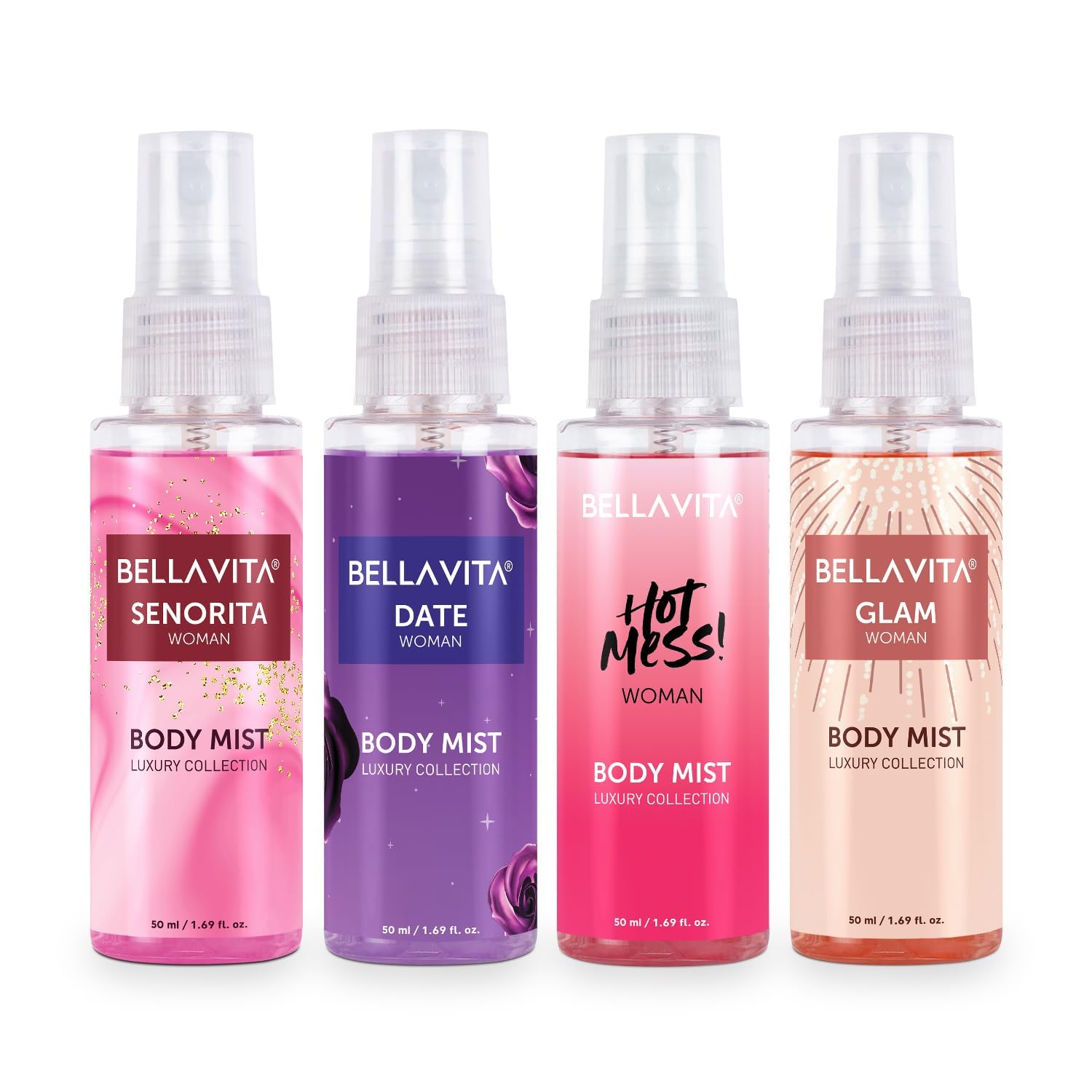 Bella Vita Luxury Body Mist Travel Size Gift Set for Women - Date, Senorita, Glam & Hot Mess Fragrances | Floral & Fruity Scents, Long Lasting 50ml Each | Perfect for Travel, Gifts & Everyday Use