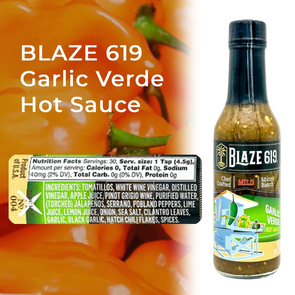Blaze 619 Garlic Verde Hot Sauce - Mild Spicy, Handcrafted, All-Natural, Gluten-Free, Sugar-Free, Low Sodium (5 oz) - Perfect for Tacos, Burritos & Grilled Meats