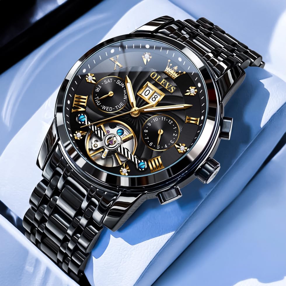 OLEVS Luxury Skeleton Automatic Mechanical Watch for Men - Diamond Accent, Self-Winding, Luminous Hands, Waterproof - Perfect for Business, Formal Events & Gift Giving