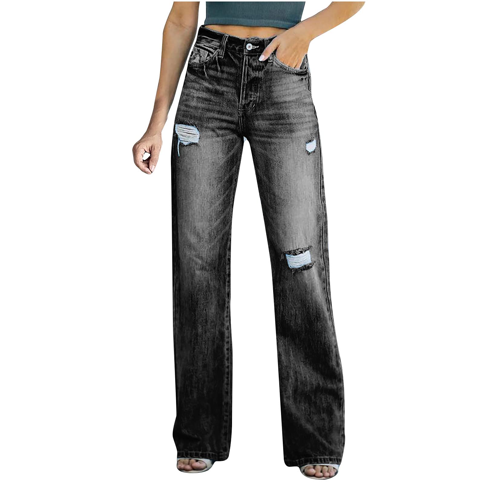 QTOCIO Women's High Rise Bootcut Jeans - Classic Stretch Denim Pants with Destroyed Details | Comfortable Straight Leg Boyfriend Jeans for Casual Wear, Office & Night Out