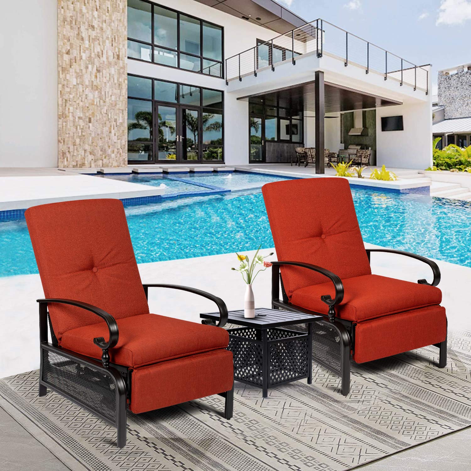 Crownland 3-Piece Outdoor Lounge Chair Set - Adjustable Reclining Patio Chairs with Umbrella Bistro Table, Durable Metal Furniture with Water-Resistant Cushions (Red) - Perfect for Poolside, Garden, Patio, and Backyard Relaxation