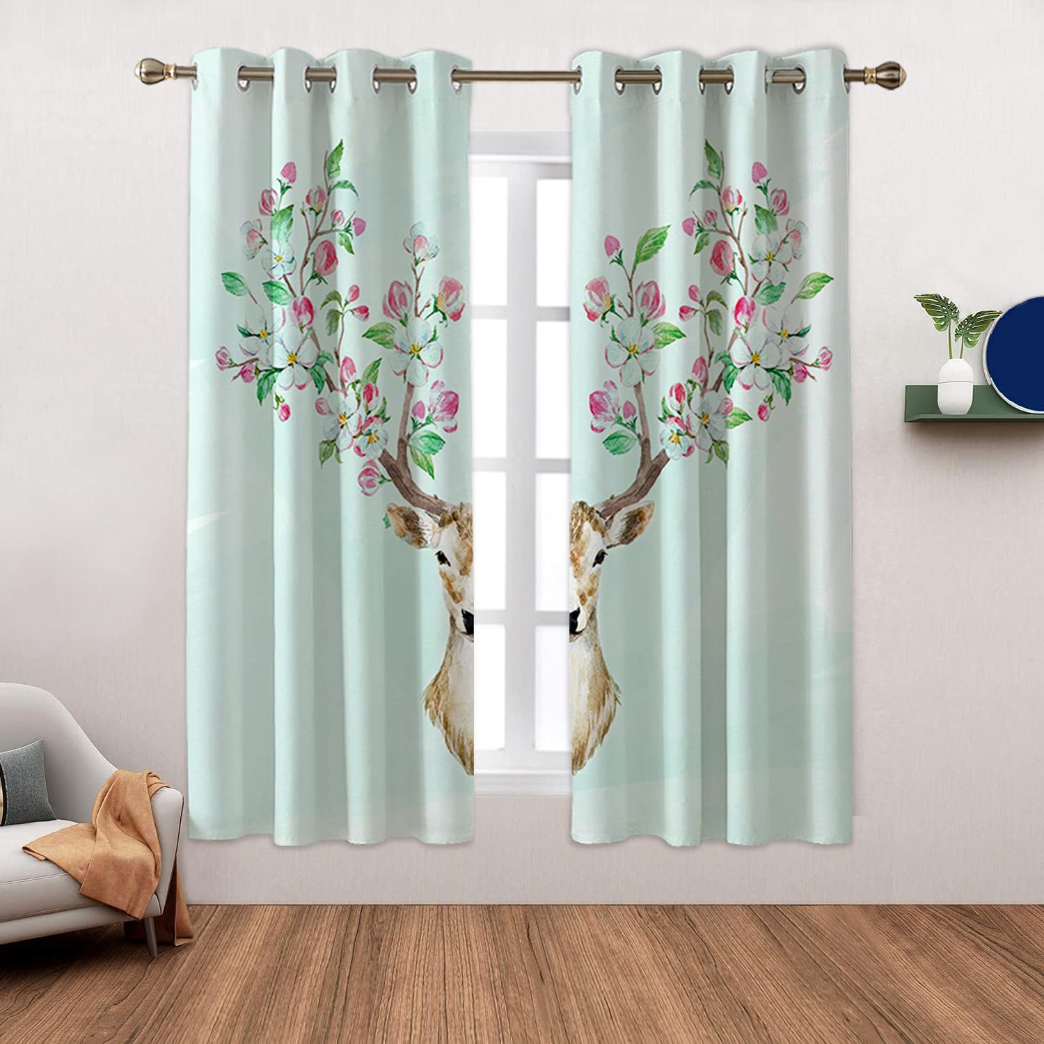 Blackout Thermal Insulated Grommet Curtains - Soundproof Window Drapes for Living Room, Bedroom, Kitchen & Dining Room - Watercolor Deer & Antlers Floral Print - 42x63 Inches - Perfect for Light Blocking, Privacy & Energy Efficiency