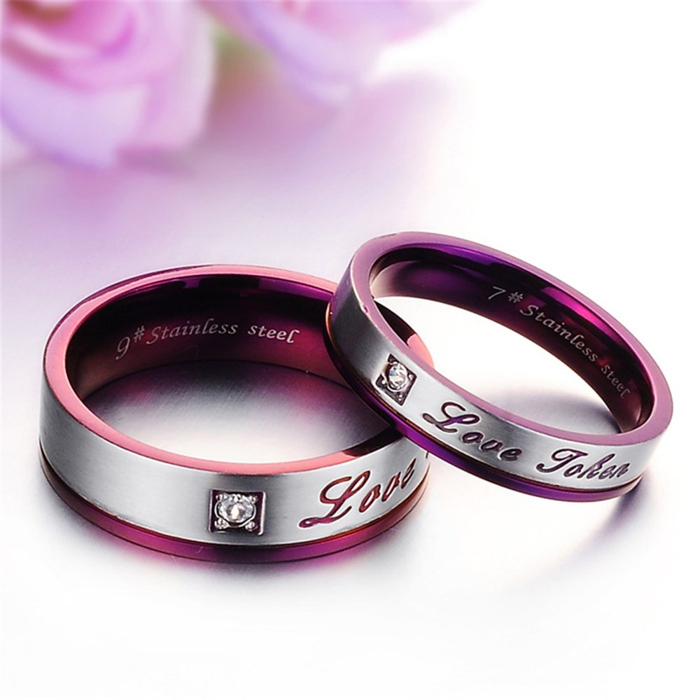 Unique Purple Titanium Stainless Steel Couple Rings for Men & Women - CZ Inlay Engagement Wedding Promise Bands | Perfect for Anniversaries, Valentine's Day Gifts & Romantic Proposals