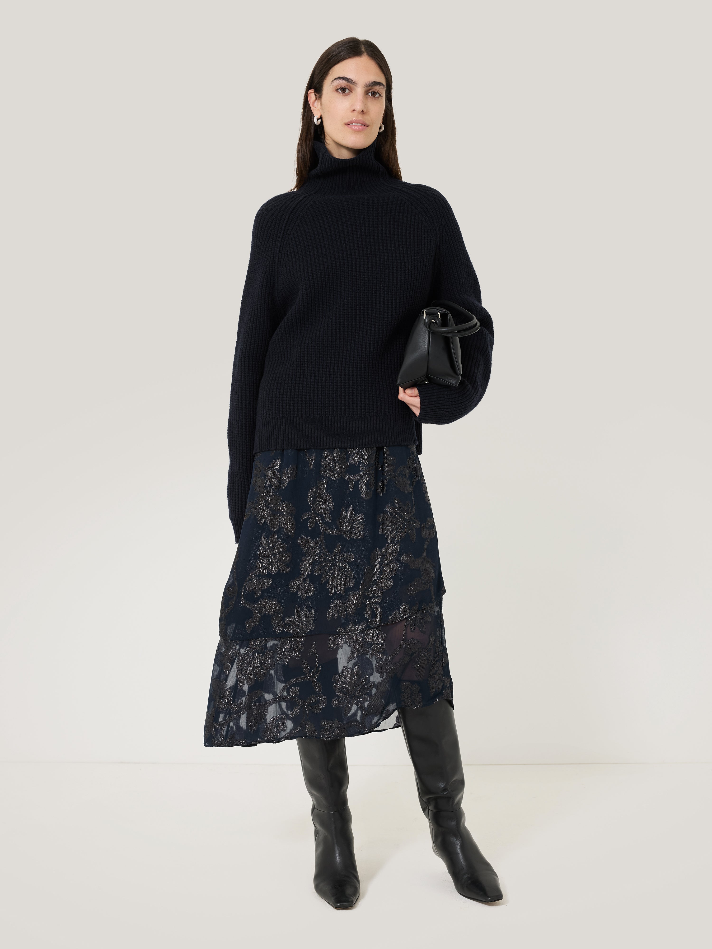 Elegant Metallic Jacquard Midi Skirt in Navy Blue - Perfect for Office Wear, Cocktail Parties & Special Occasions